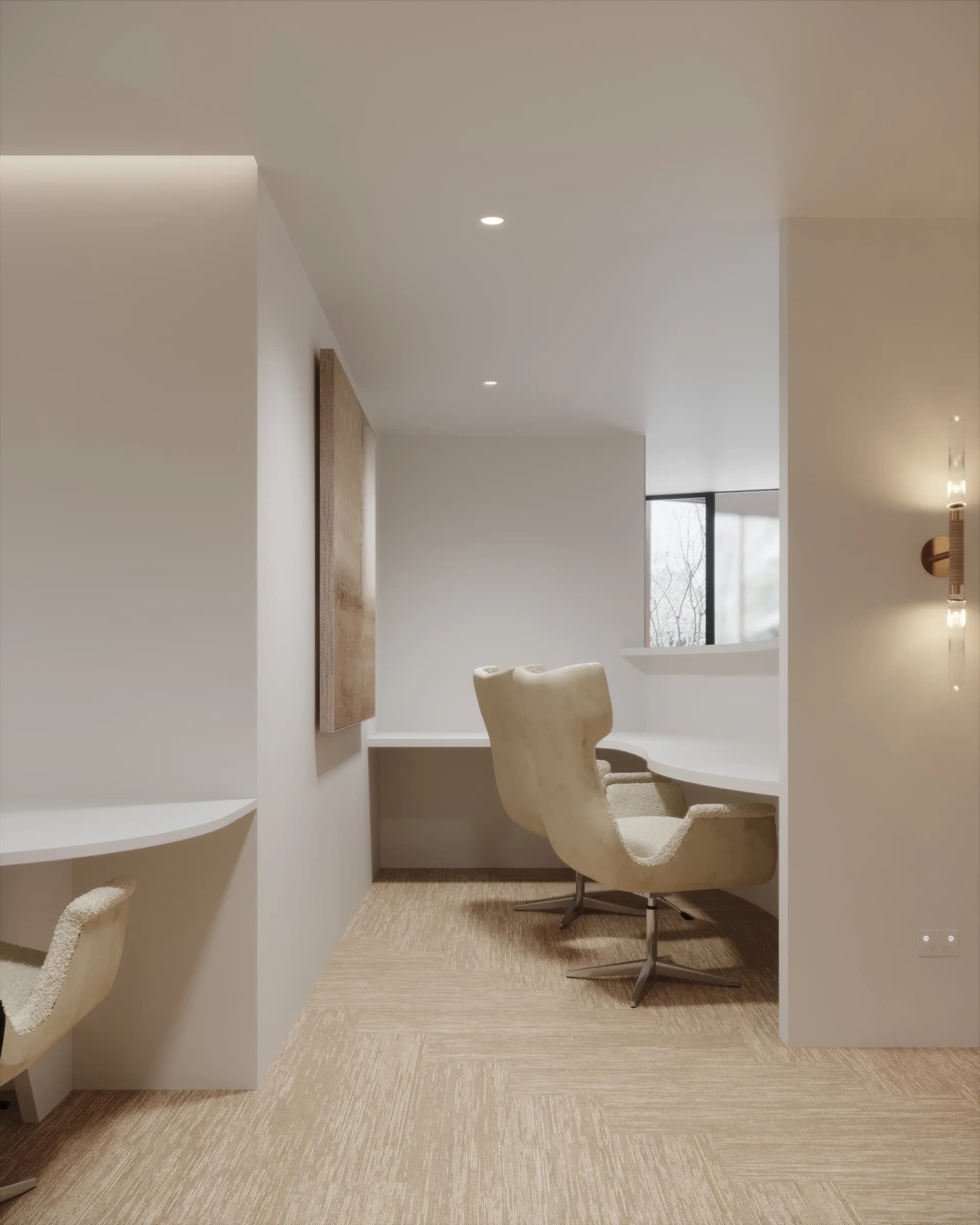 Tonal corridor with softly curved walls, concealed lighting and warm metallic details leading through the office