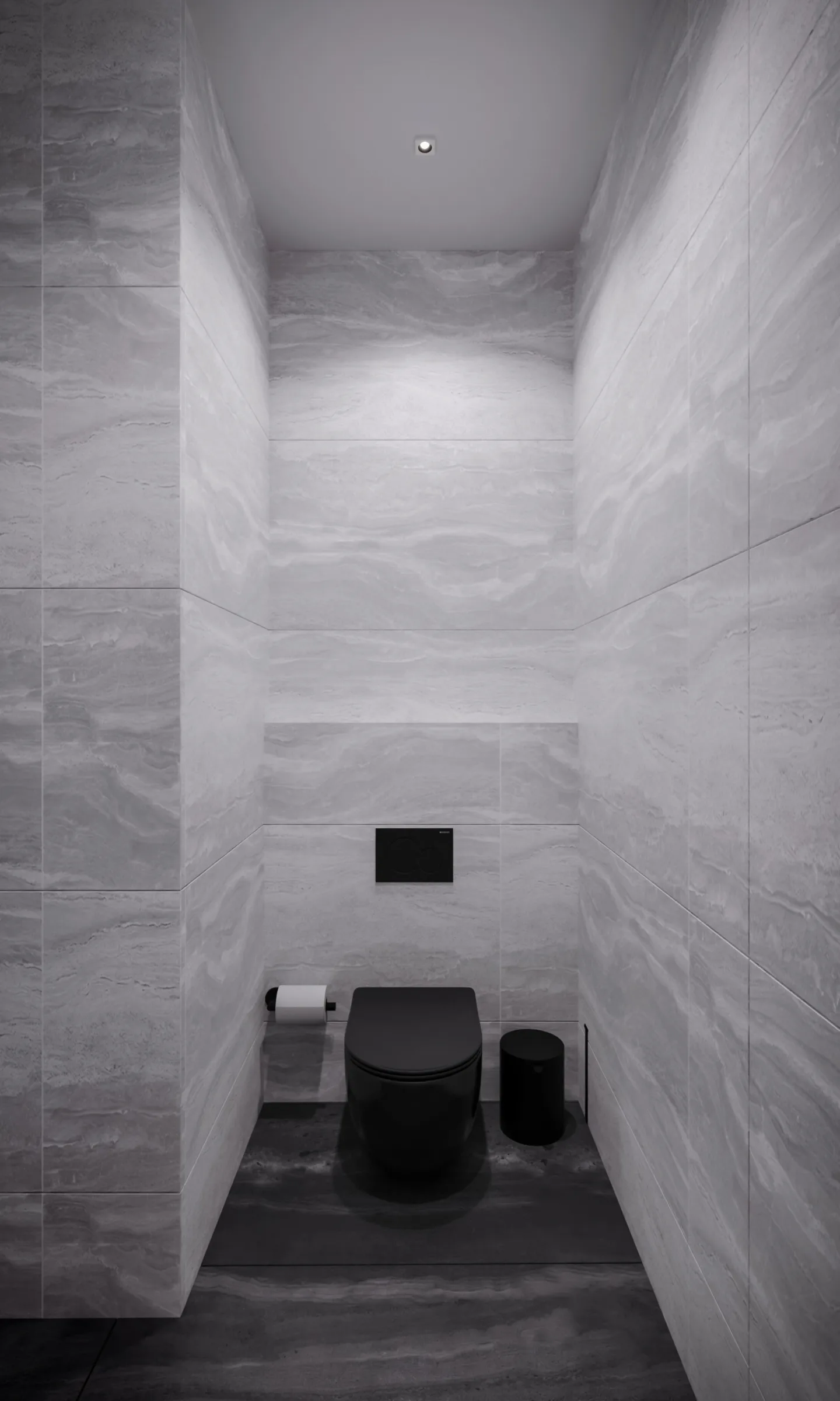 Compact toilet alcove wrapped in pale veined stone, with a matte black toilet, flush plate and dark tiled floor