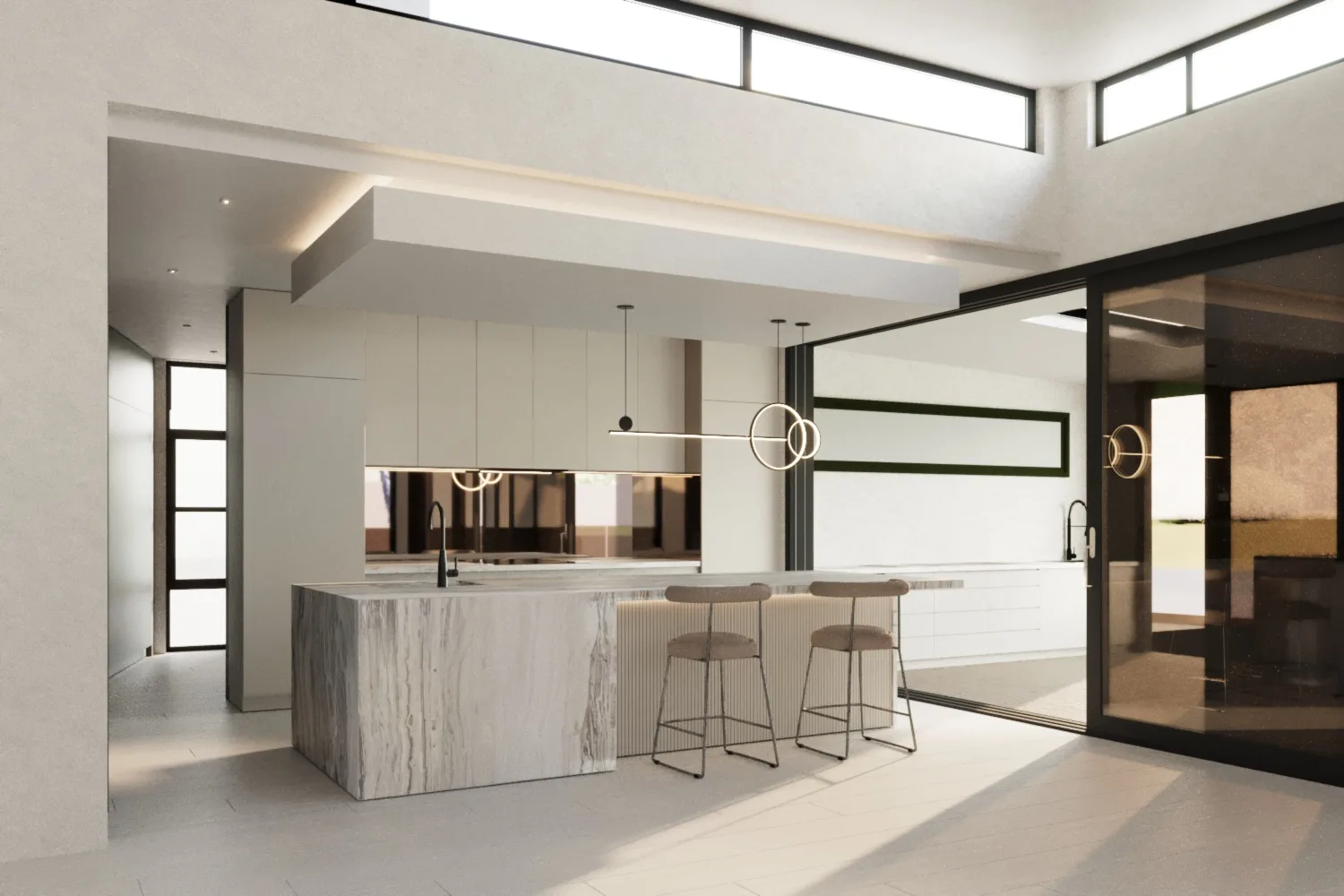Open plan kitchen and living space with a stone island, counter stools and full height glazing, designed by Luxxe Interiors.