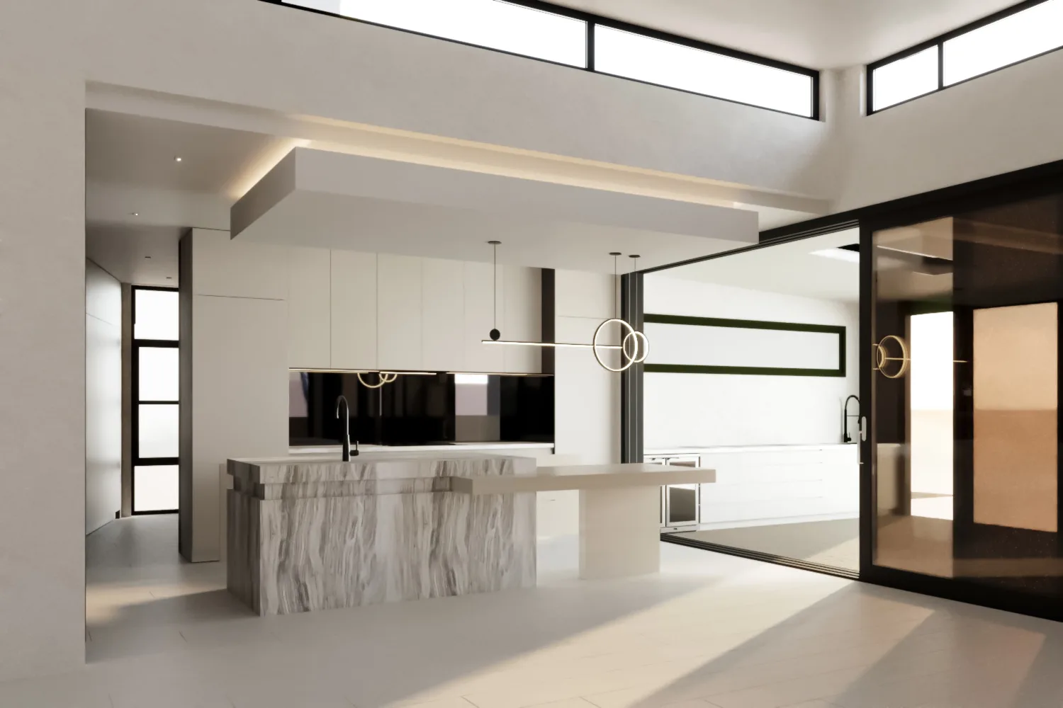 Open kitchen with a stacked marble island, cantilevered white dining ledge and black-framed sliding doors