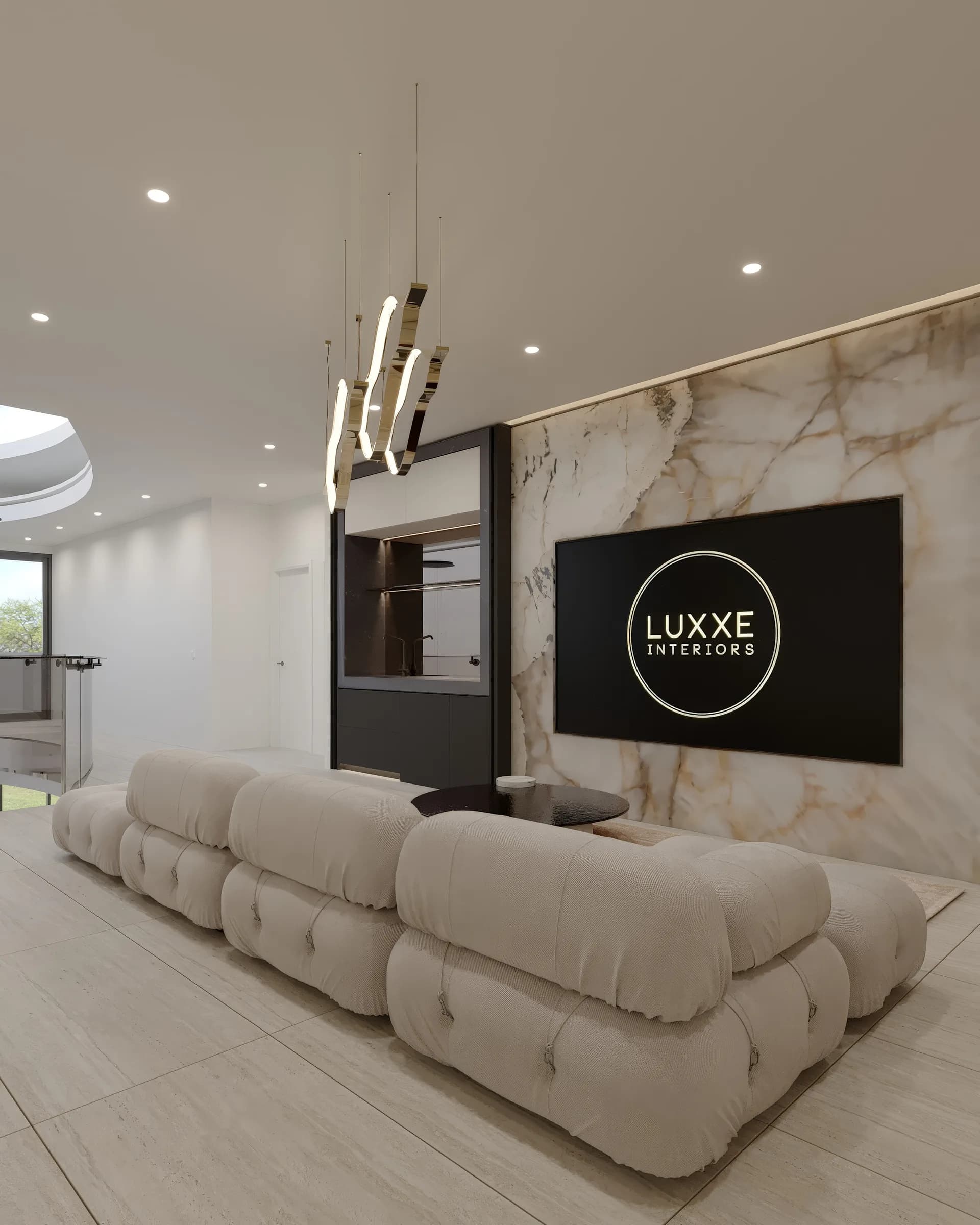 Double-height living room with a sculptural white modular sofa, glowing onyx TV wall and suspended ribbon pendant