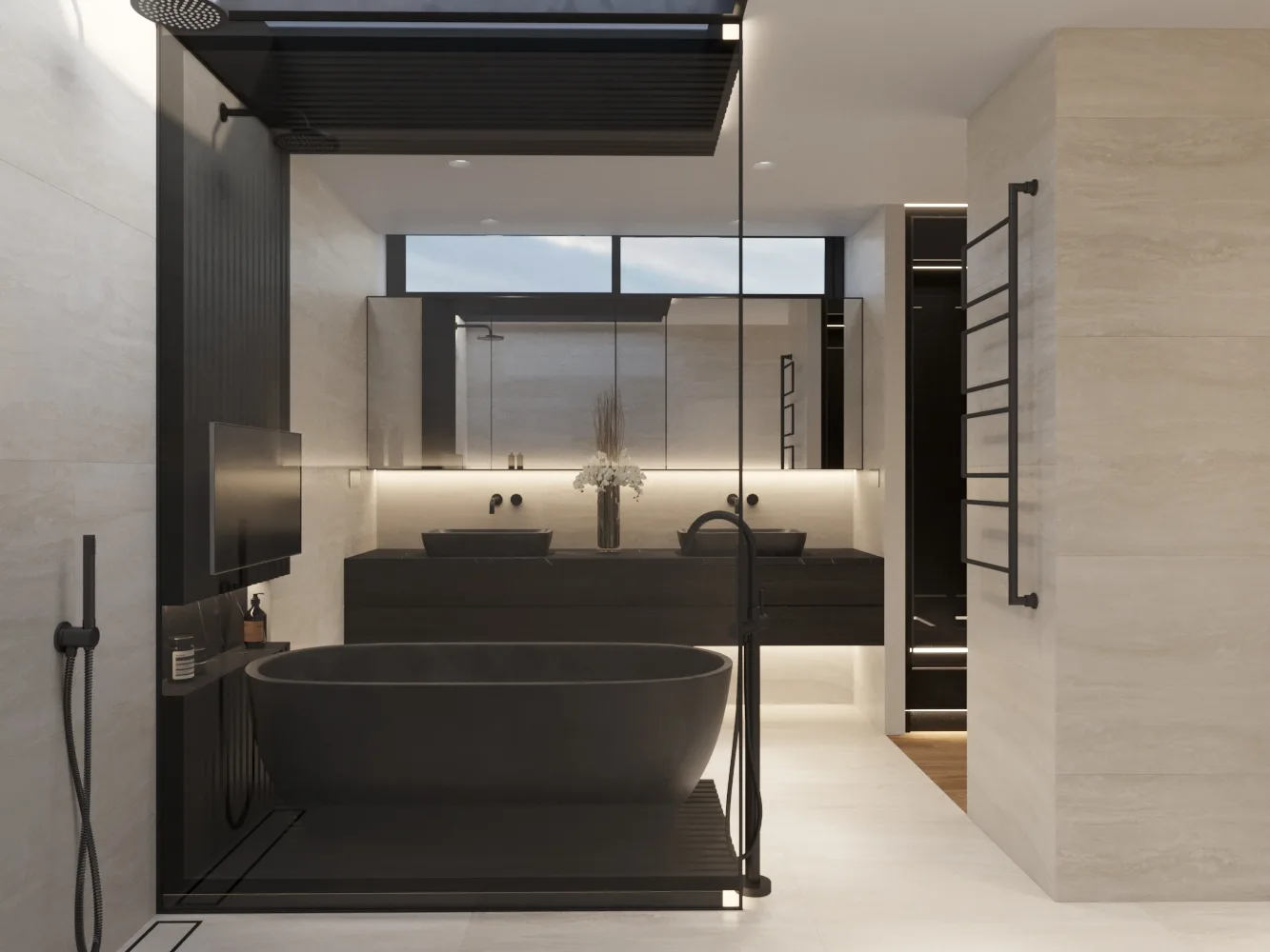 Primary bathroom in ivory stone and black metal, centred on a freestanding dark bath beneath a slatted shower canopy