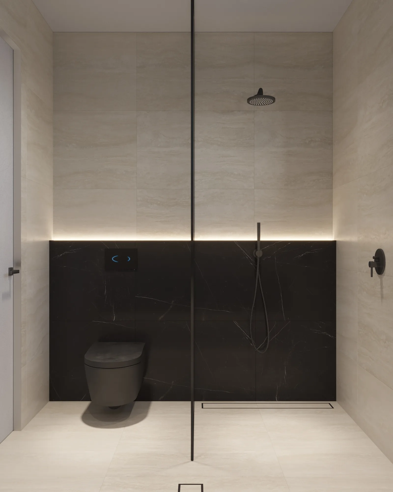 Walk-in shower with pale stone tiles, a backlit black marble half-wall, rainfall fitting and wall-hung toilet