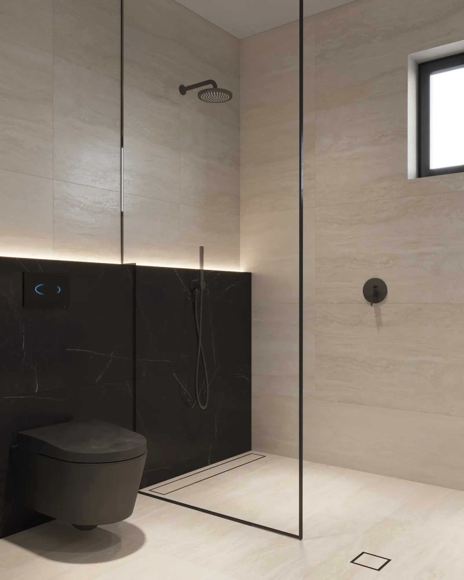 Frameless shower in pale stone with matte black fittings, a black marble cistern wall and recessed linear drain
