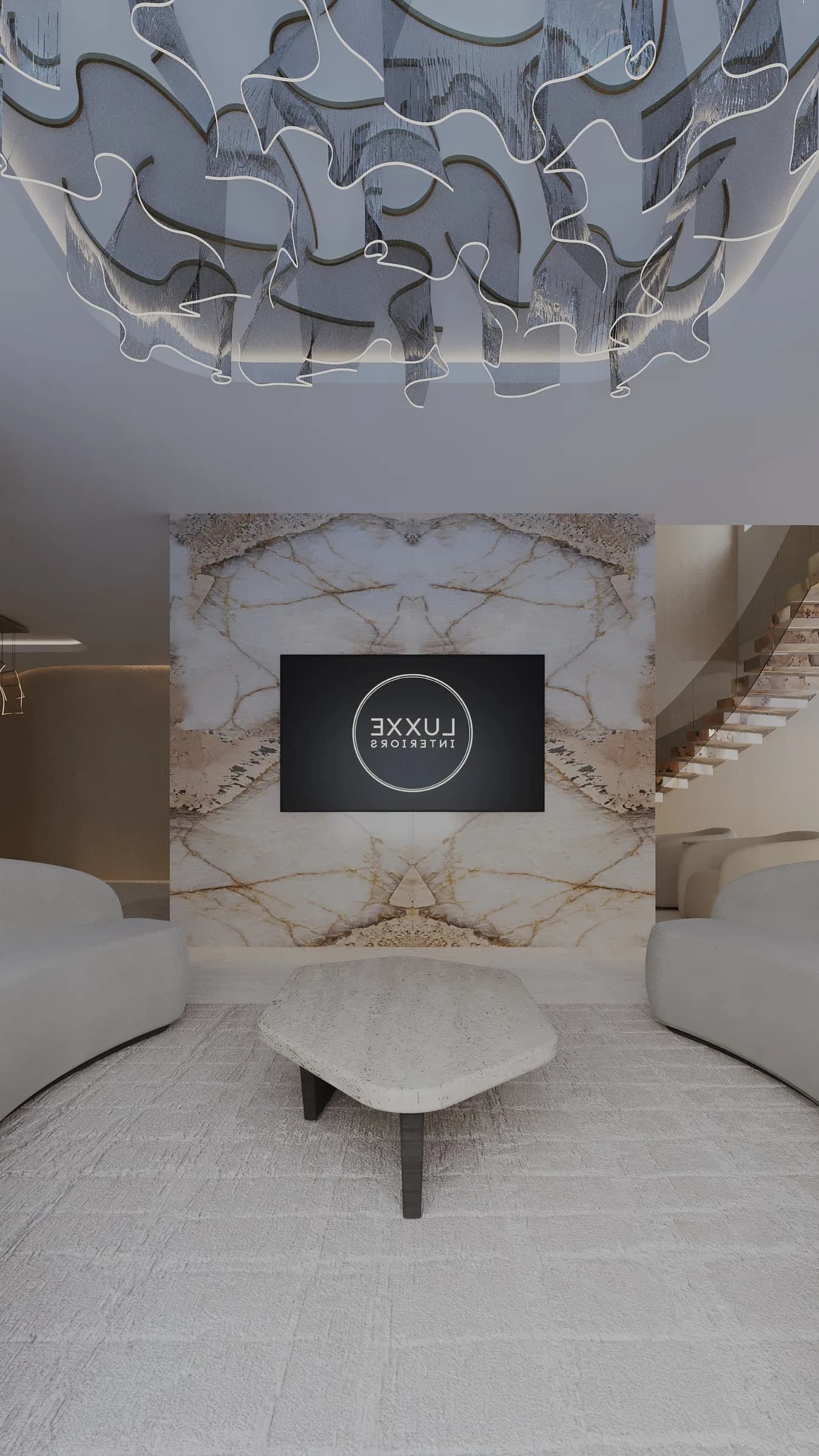 Serene bedroom in warm neutrals with rounded forms, tactile fabrics and softly lit stone detailing