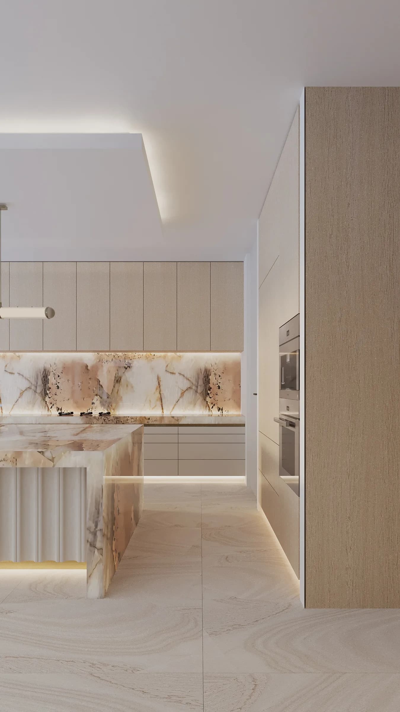 Intimate lounge with plush curved furnishings, pale stone flooring and a backlit onyx feature wall