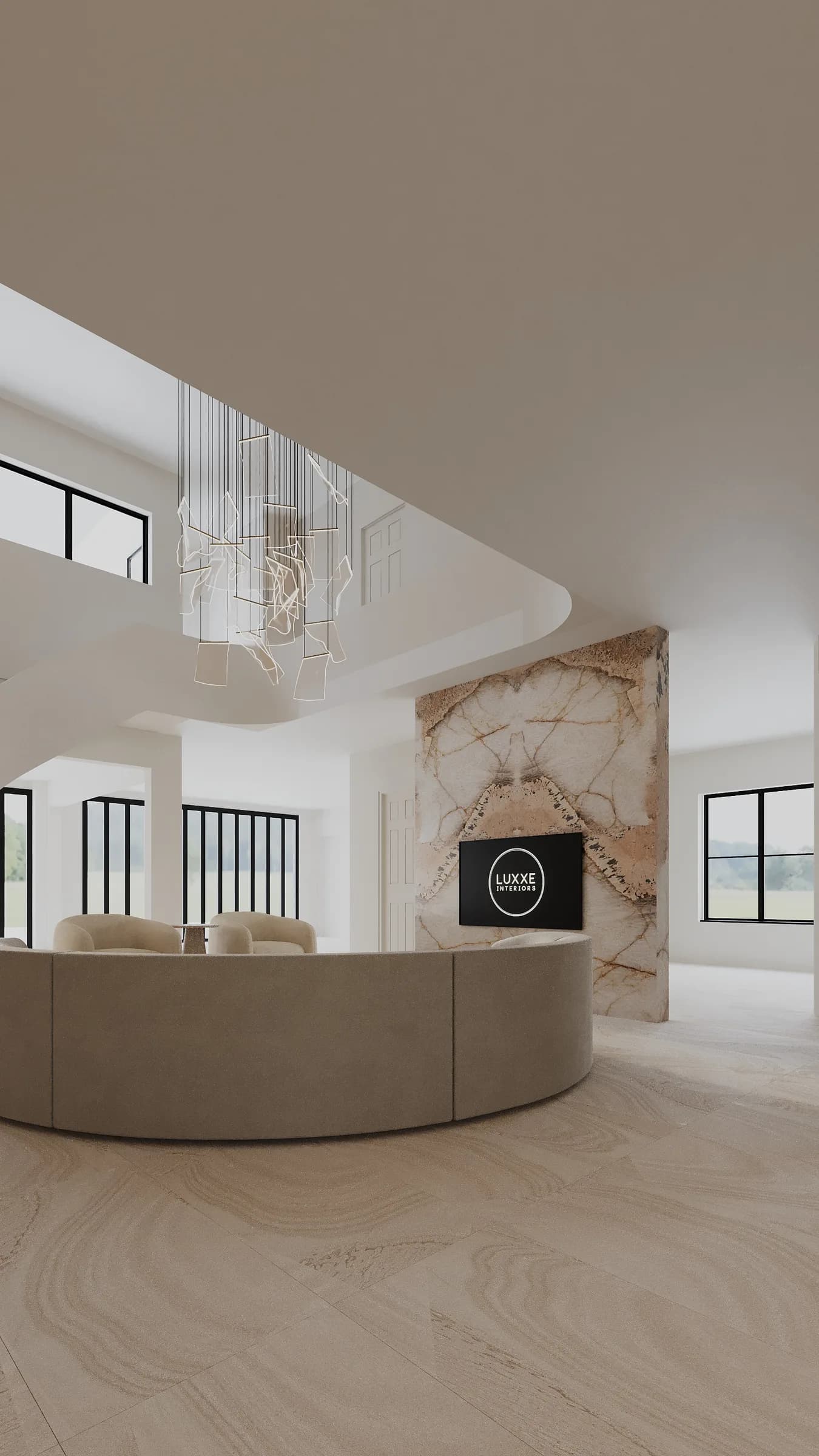 Double-height entry with layered stone, sinuous balustrades and a dramatic cascade of crystal lights