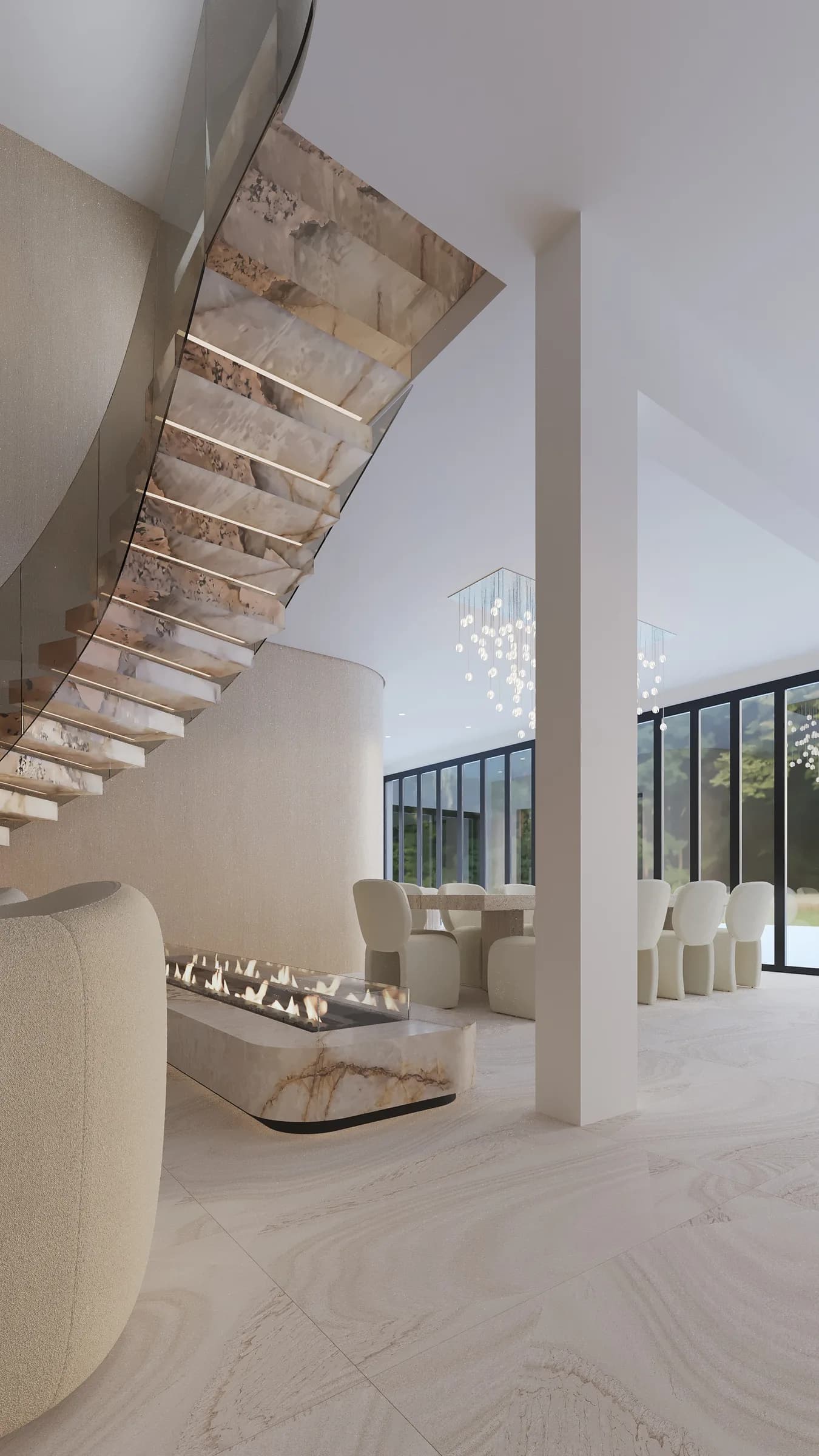 Curved foyer in warm cream stone with a floating staircase and softly illuminated veined stone wall