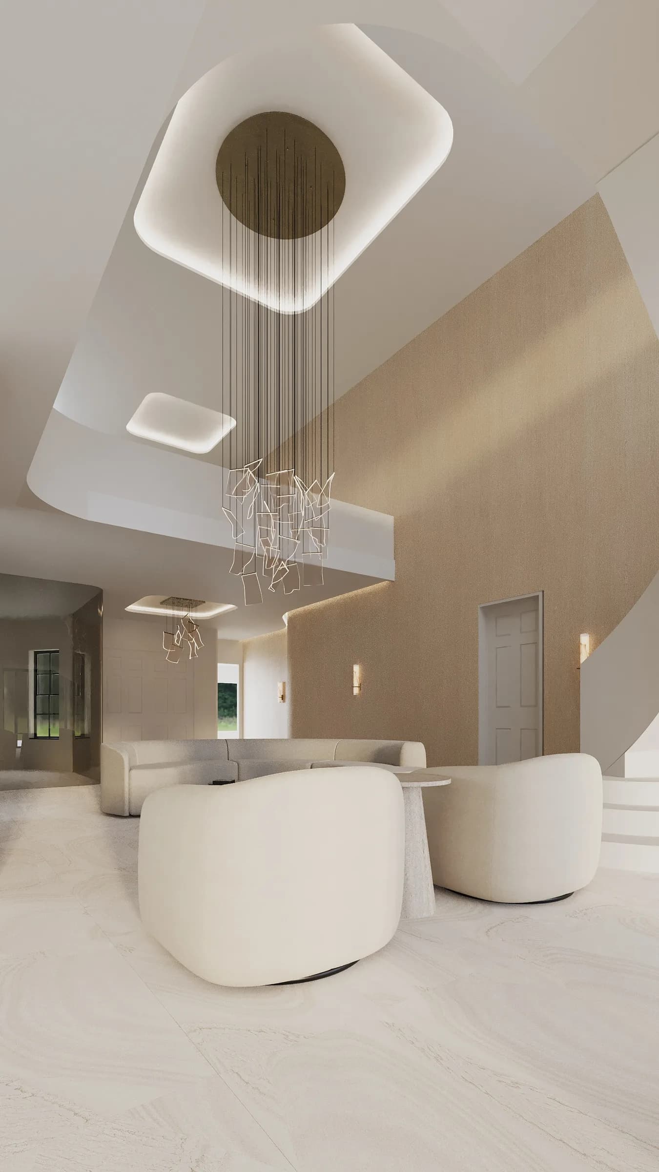 Sculptural staircase with pale stone treads, rounded plaster walls and a cascading crystalline pendant