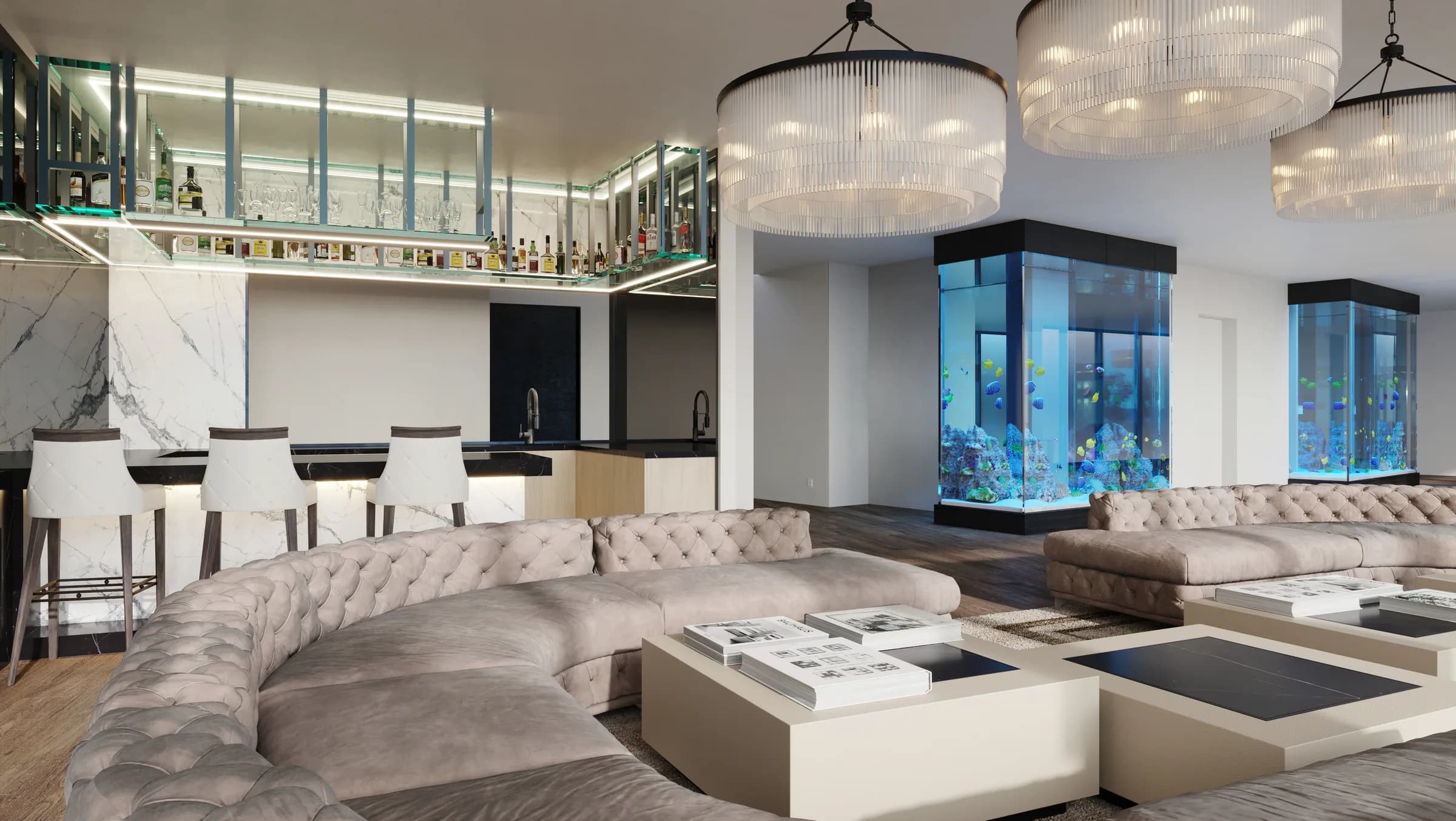 Open-plan lounge with tufted seating, an illuminated marble bar and two blue-lit tropical aquariums