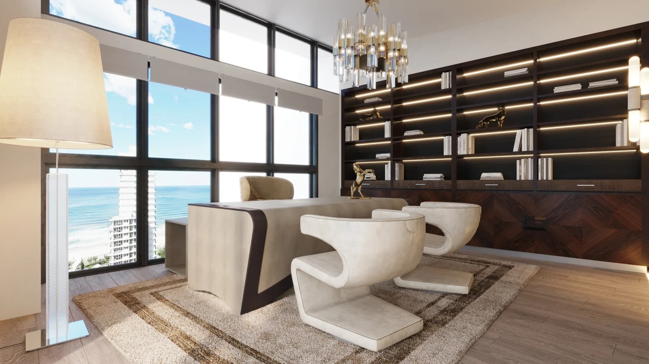 Ocean-facing study with a curved cream desk, sculptural chairs and illuminated dark timber bookshelves