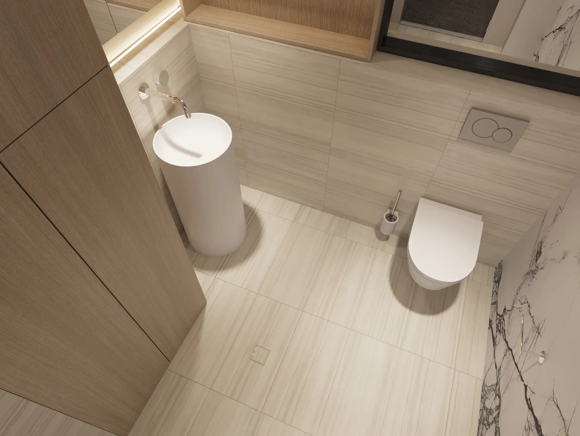 Compact powder room lined in pale stone, with a cylindrical pedestal basin and light timber cabinetry