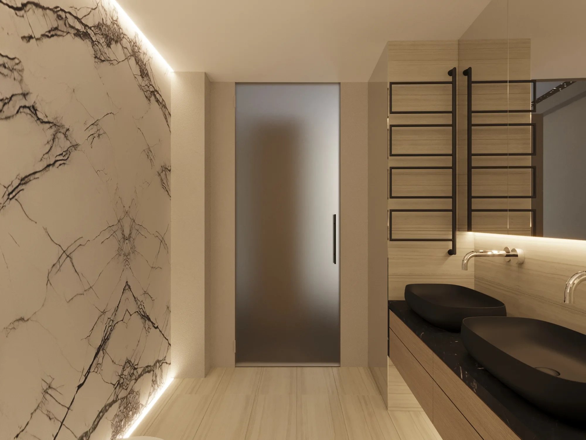 Powder room with twin matte black vessel basins, pale timber vanity and a backlit veined marble wall