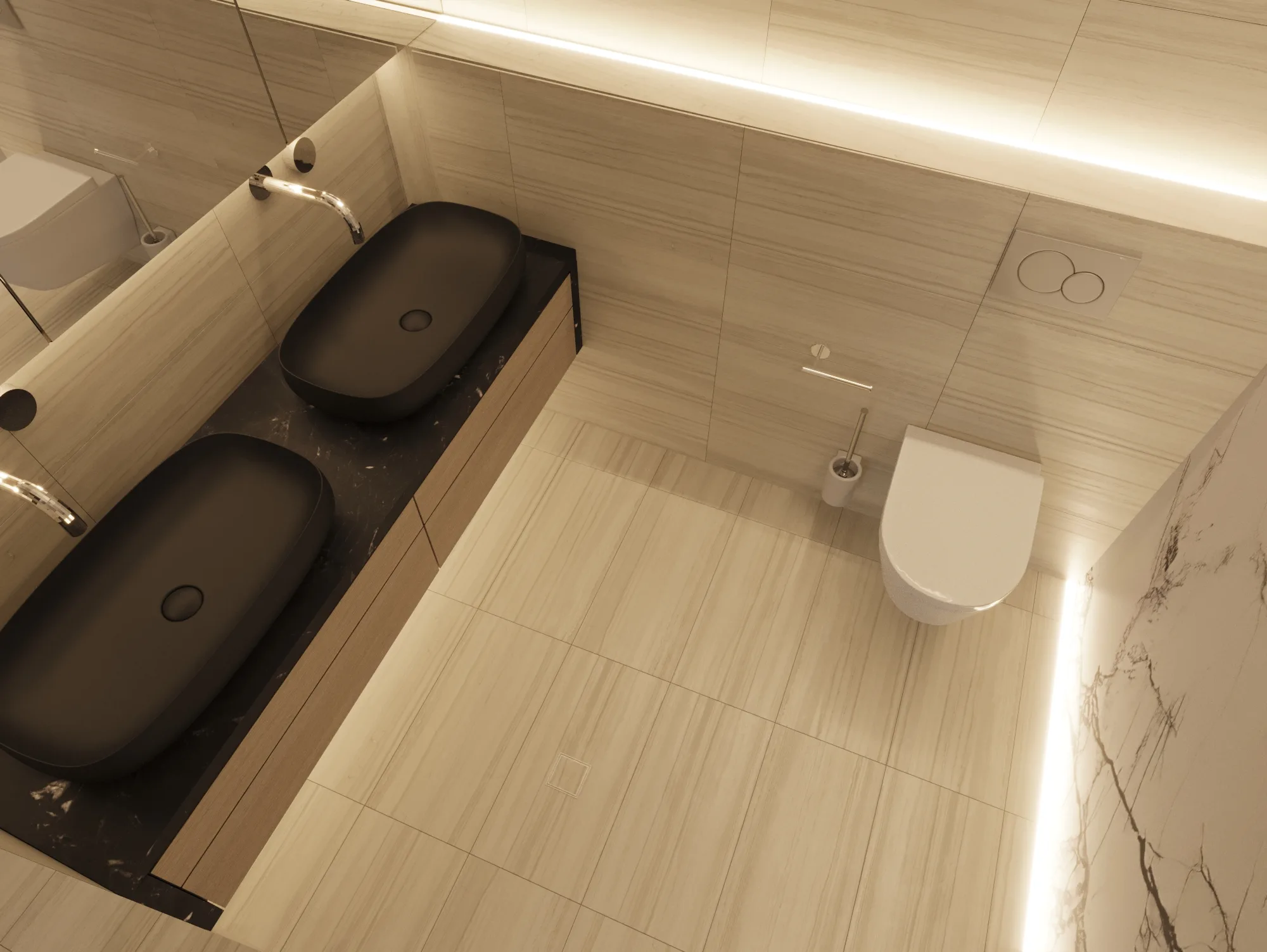 Overhead view of twin black vessel basins on a marble-topped timber vanity beside pale stone tiling