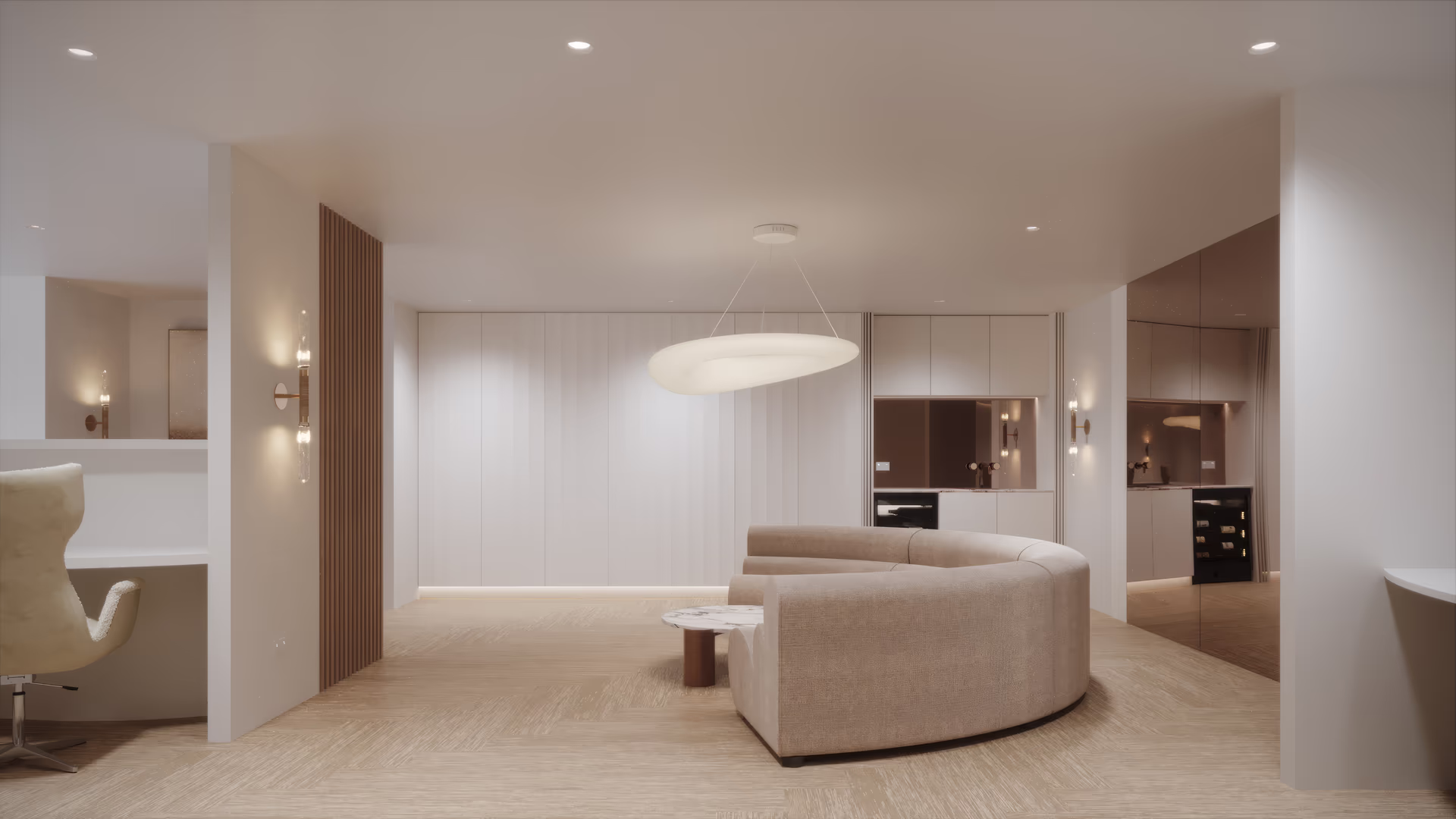 Wide lounge with a curved cream sofa, fluted white cabinetry and timber battens beneath a soft halo pendant