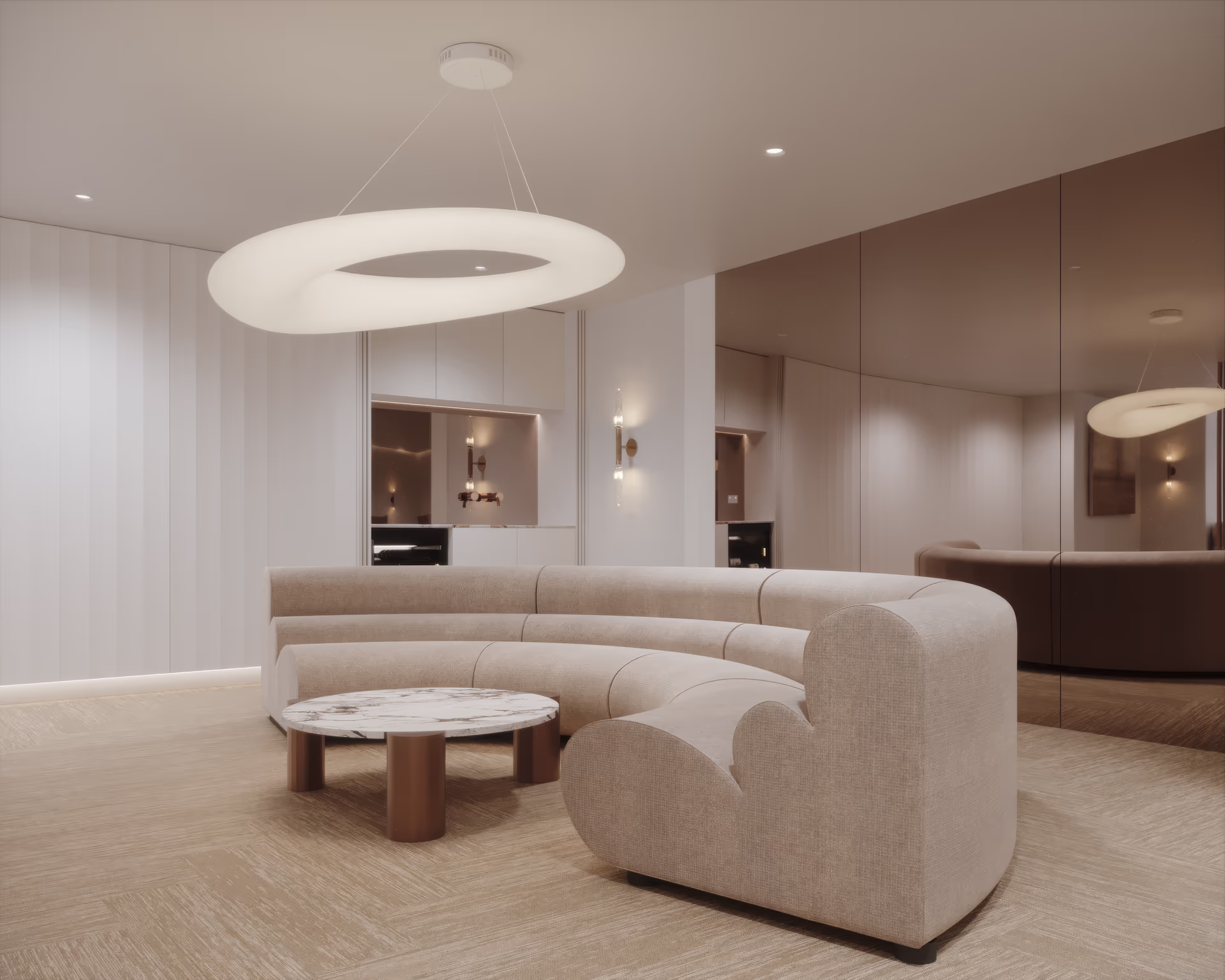 The lounge pairs a rounded cream armchair and curved sofa with a marble table, halo pendant and bronze mirror wall