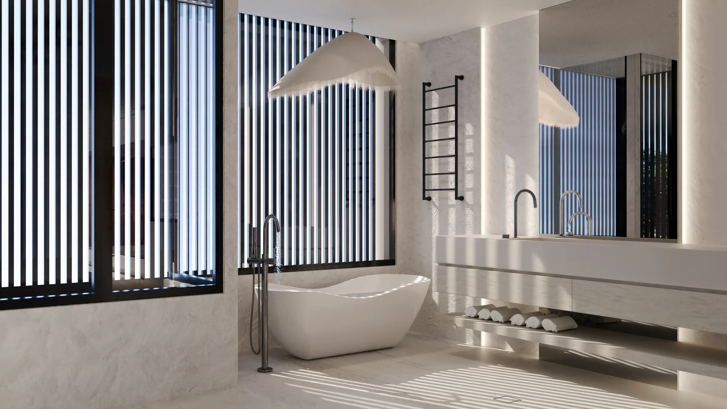 Sunlit bathroom with a sculptural white bath, textured stone walls and black vertical window screens