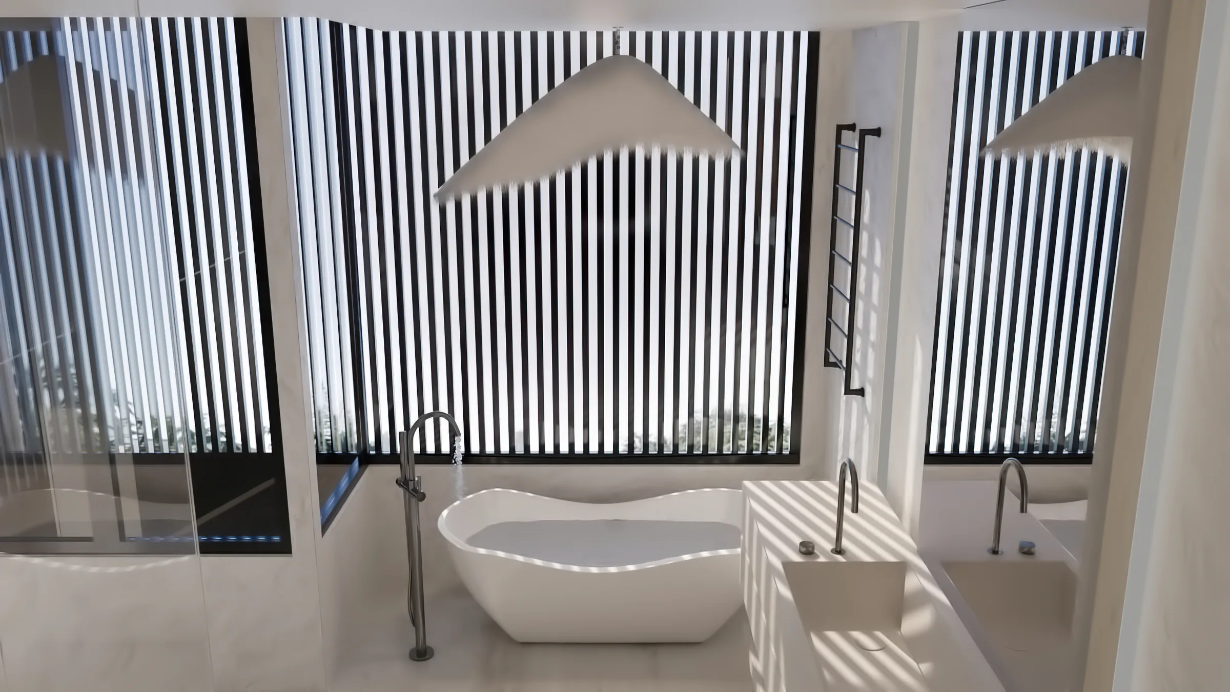 Wide bathroom view with a curving white bath, floating vanity and bold striped shadows from black screens