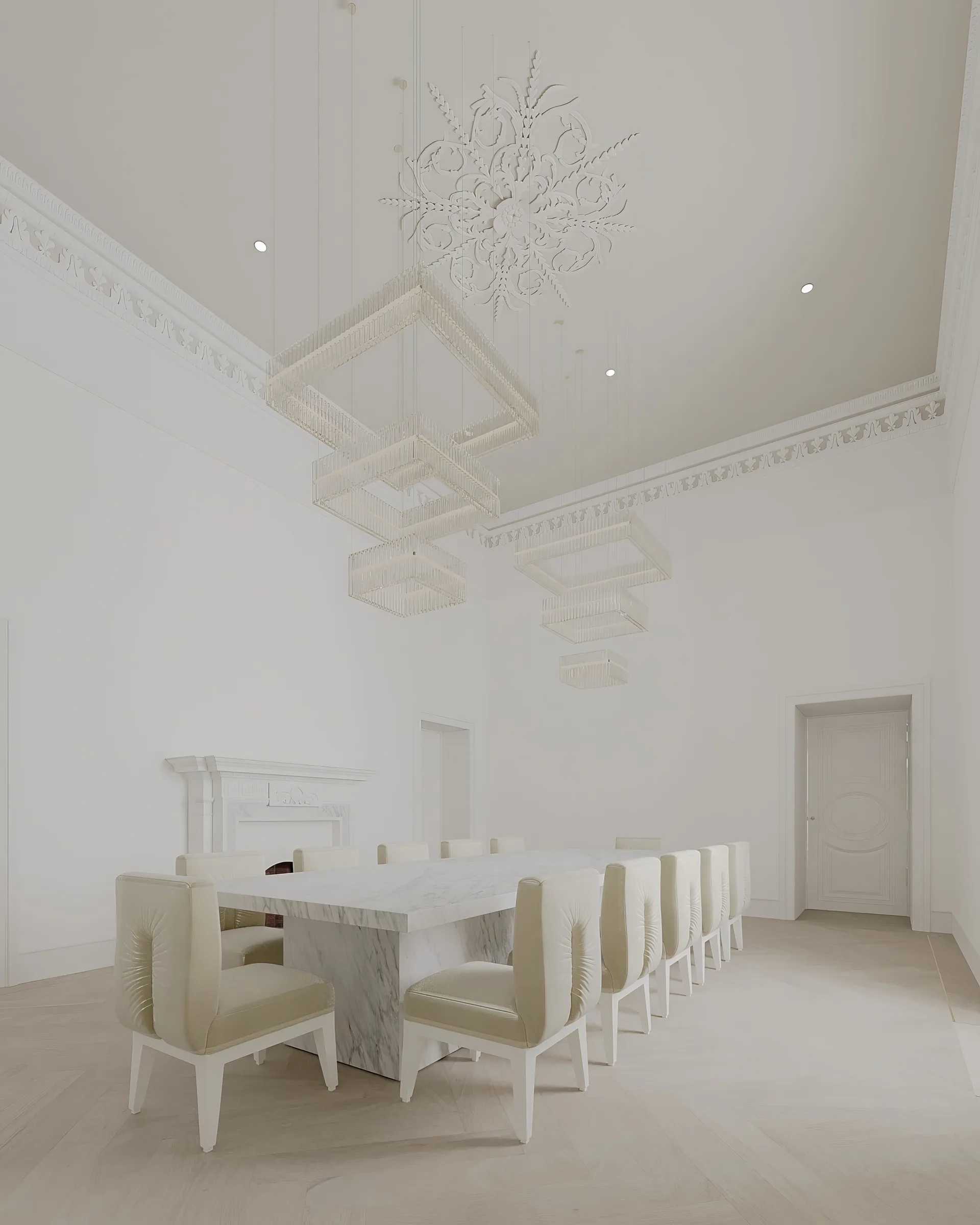 Formal dining room with a solid marble table, rows of ivory chairs and cascading square crystal pendants