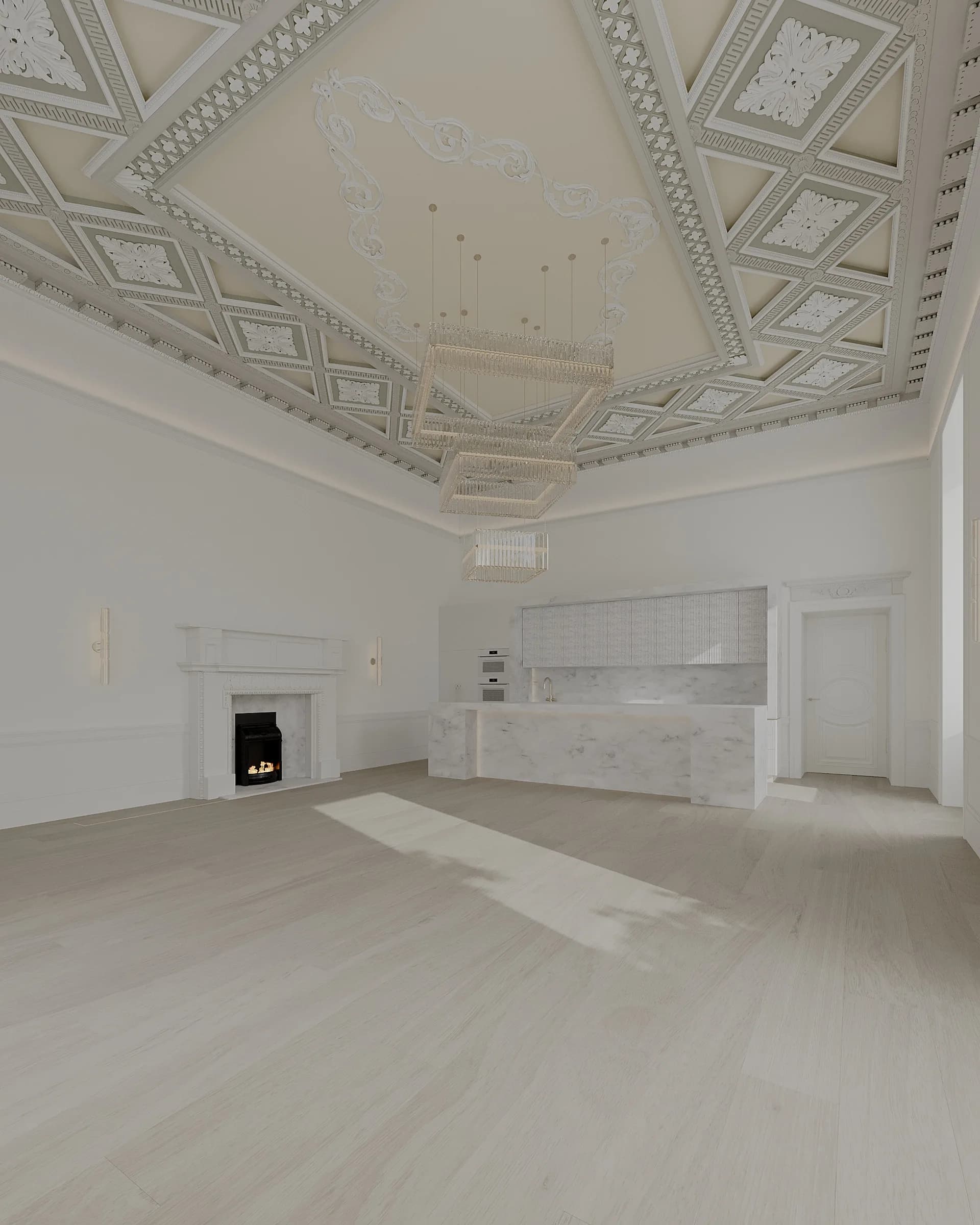 Open kitchen with pale oak flooring, a marble island, fireplace and tiered lighting below an ornate coffered ceiling
