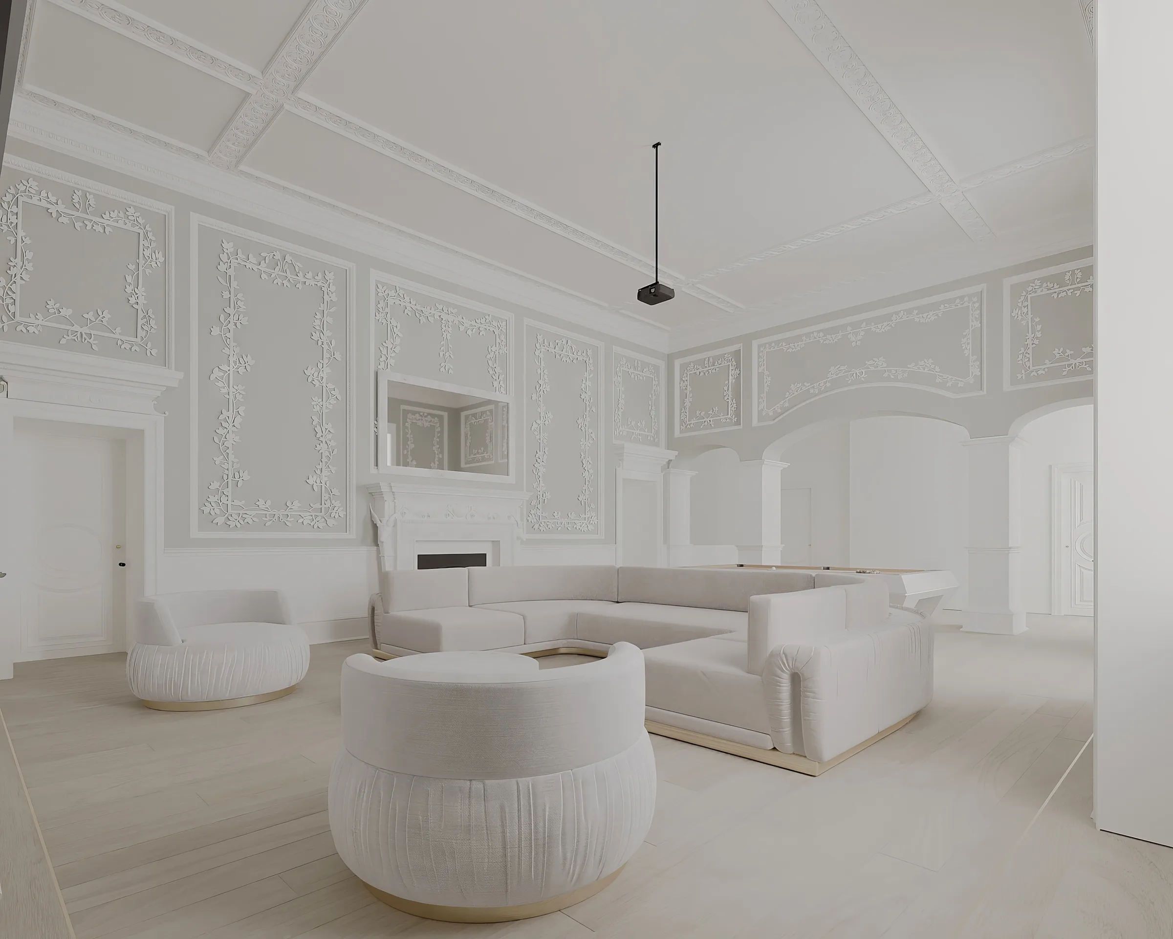 Grand living room with a curved ivory sectional, sculptural armchairs and botanical plaster mouldings