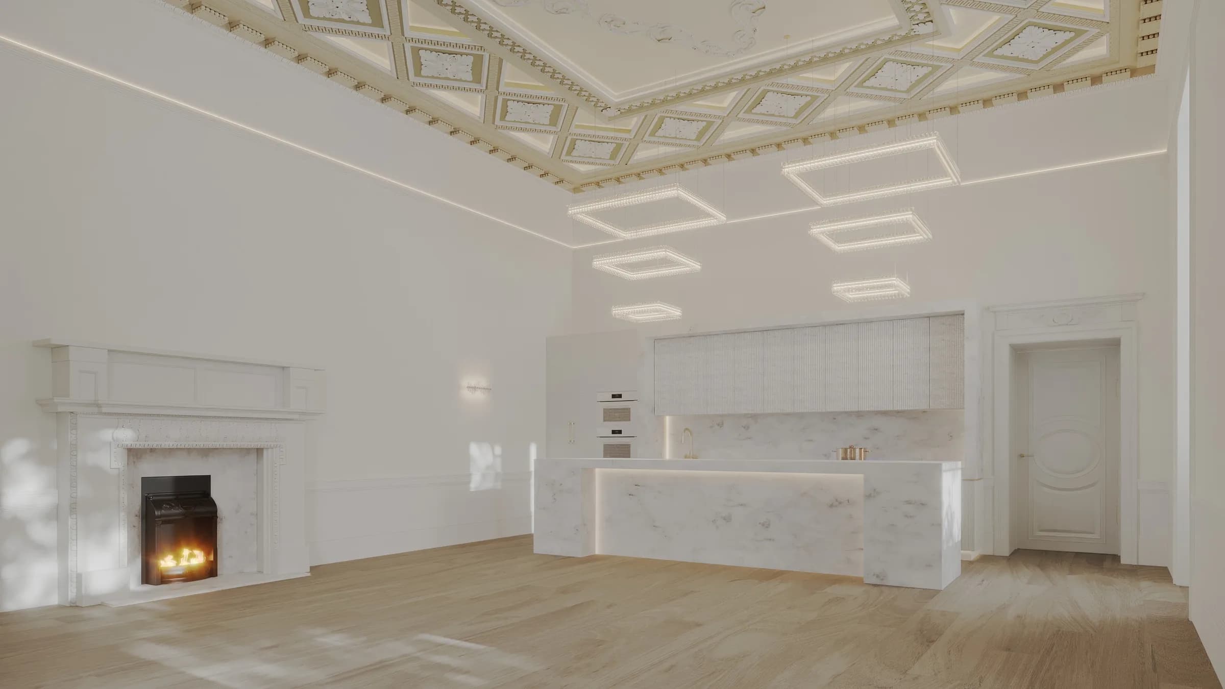 Symmetrical white kitchen with an illuminated marble island, lit fireplace and floating square chandeliers