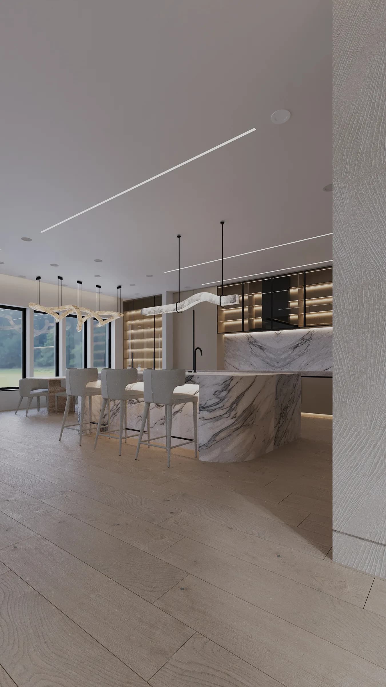 Open-plan kitchen with pale oak floors, a veined marble island, black-framed cabinetry and sculptural pendants