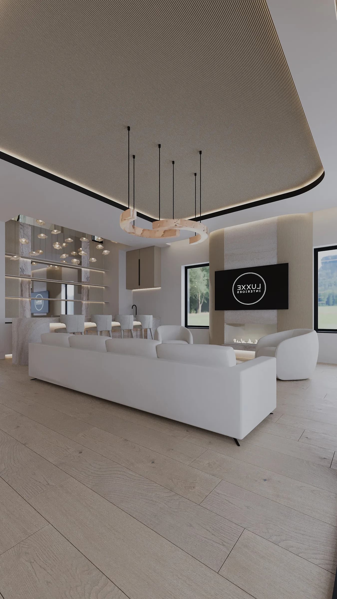Neutral living room with pale oak flooring, white curved seating, a linear fireplace and ring-shaped stone pendant