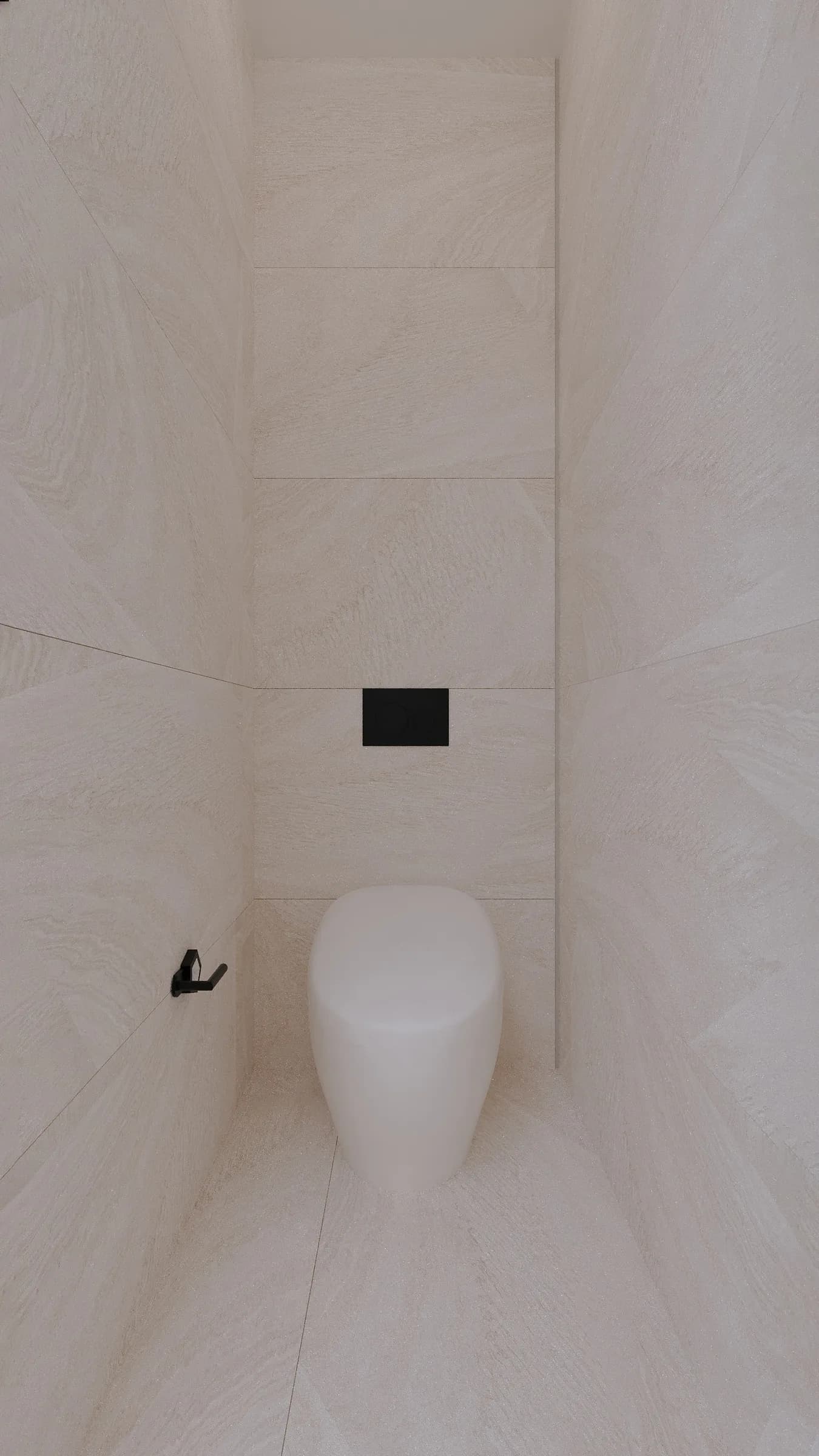 Compact powder room wrapped in pale stone slabs, with a sculptural white toilet and matte black fittings