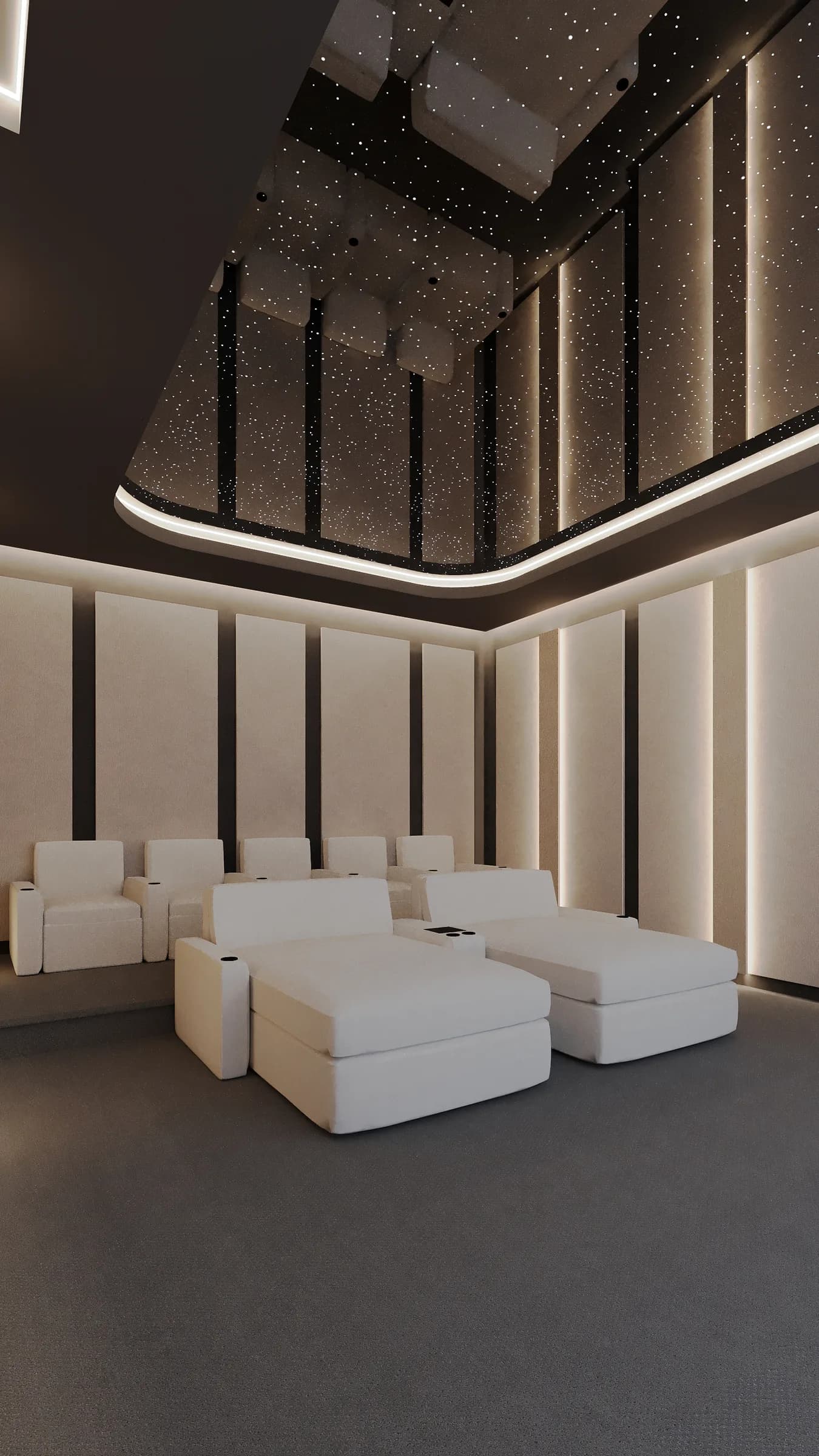 Private cinema with tiered white loungers, softly lit acoustic wall panels and a mirrored starlight ceiling