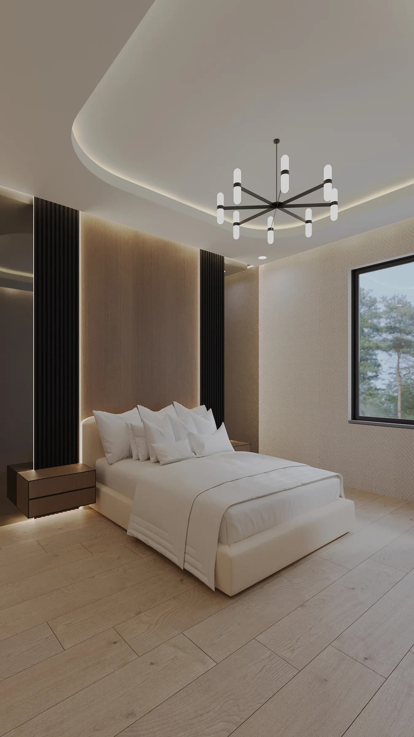 Warm neutral bedroom with pale oak floors, a softly upholstered bed, black fluted panels and a radial chandelier