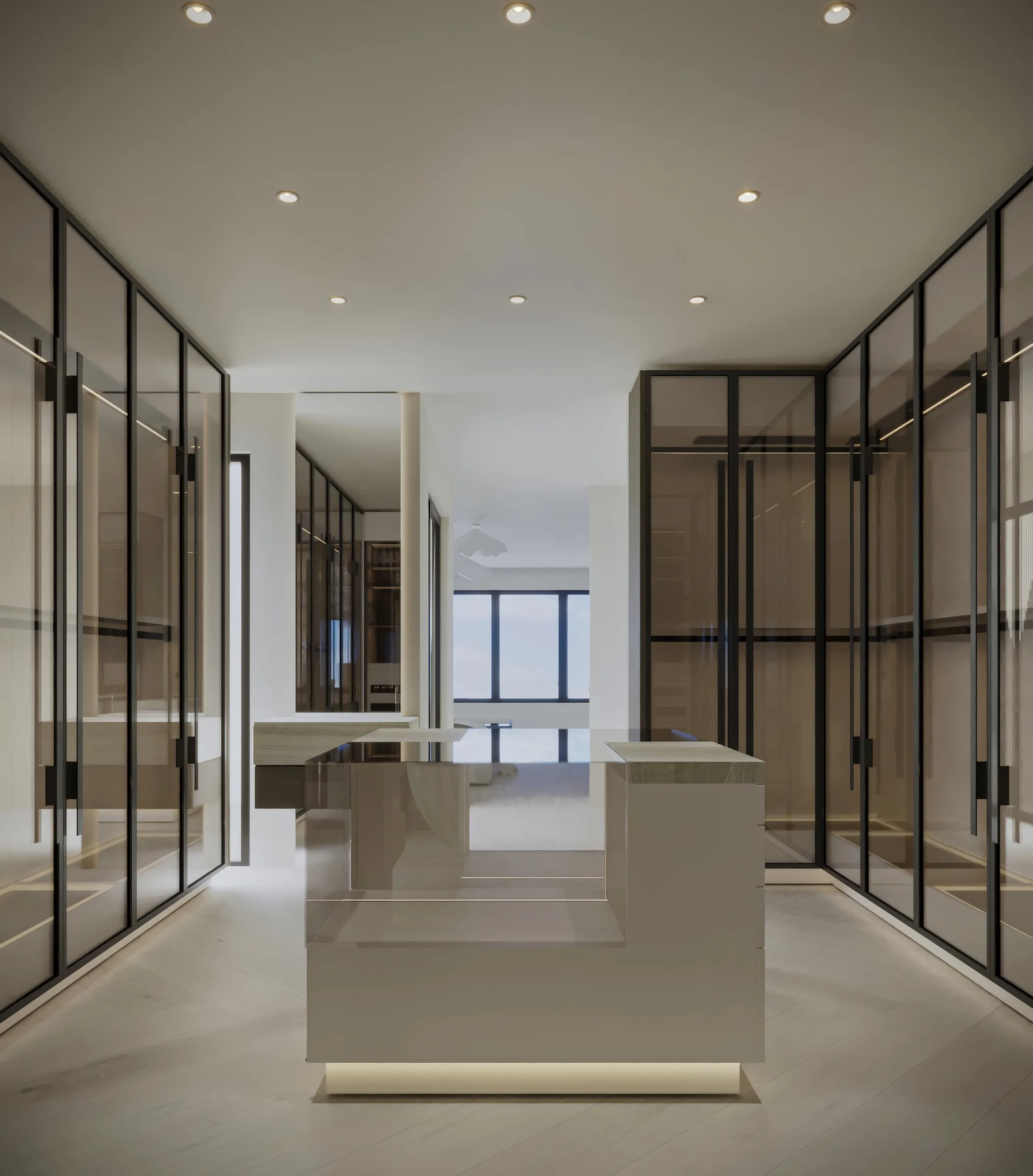 Walk-in wardrobe lined with smoked black-framed glass cabinetry around an illuminated sculptural island