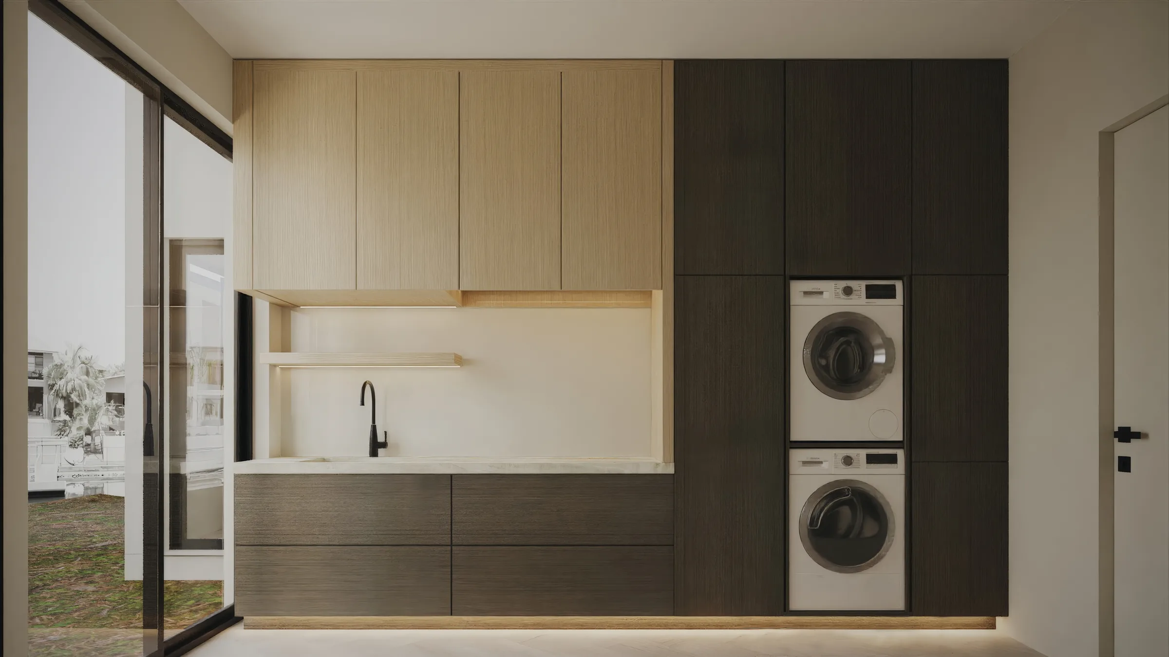 Laundry with pale and dark timber cabinetry, a slim stone benchtop and stacked washer and dryer