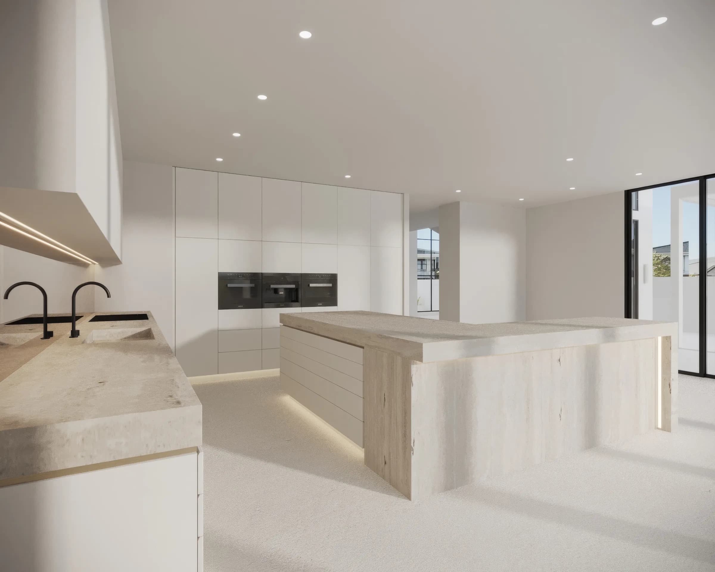 Open kitchen with pale stone benchtops, twin black taps, integrated appliances and a sculptural island