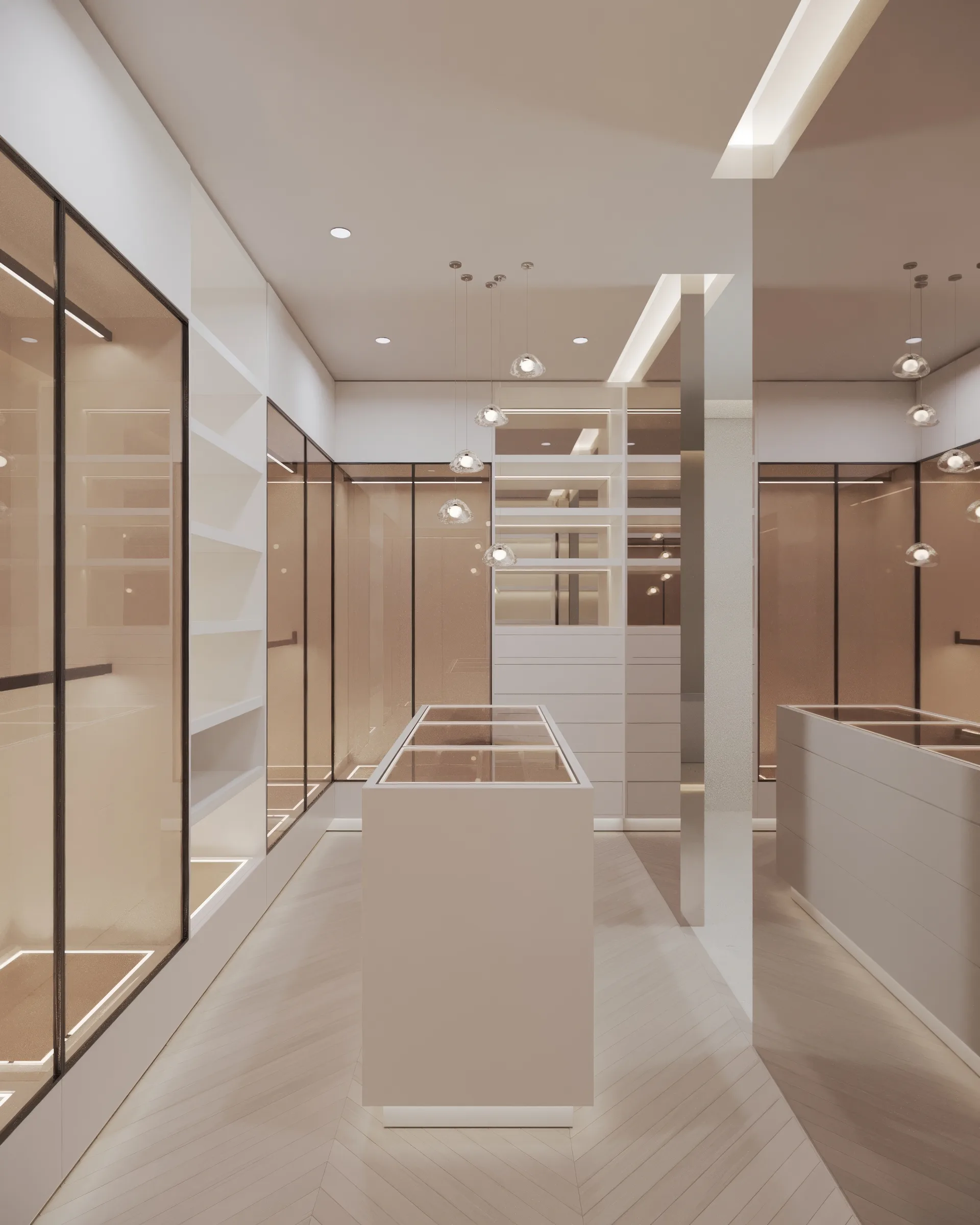 Walk-in wardrobe with glass-front cabinetry, a central display island, mirrored panels and pendant lights