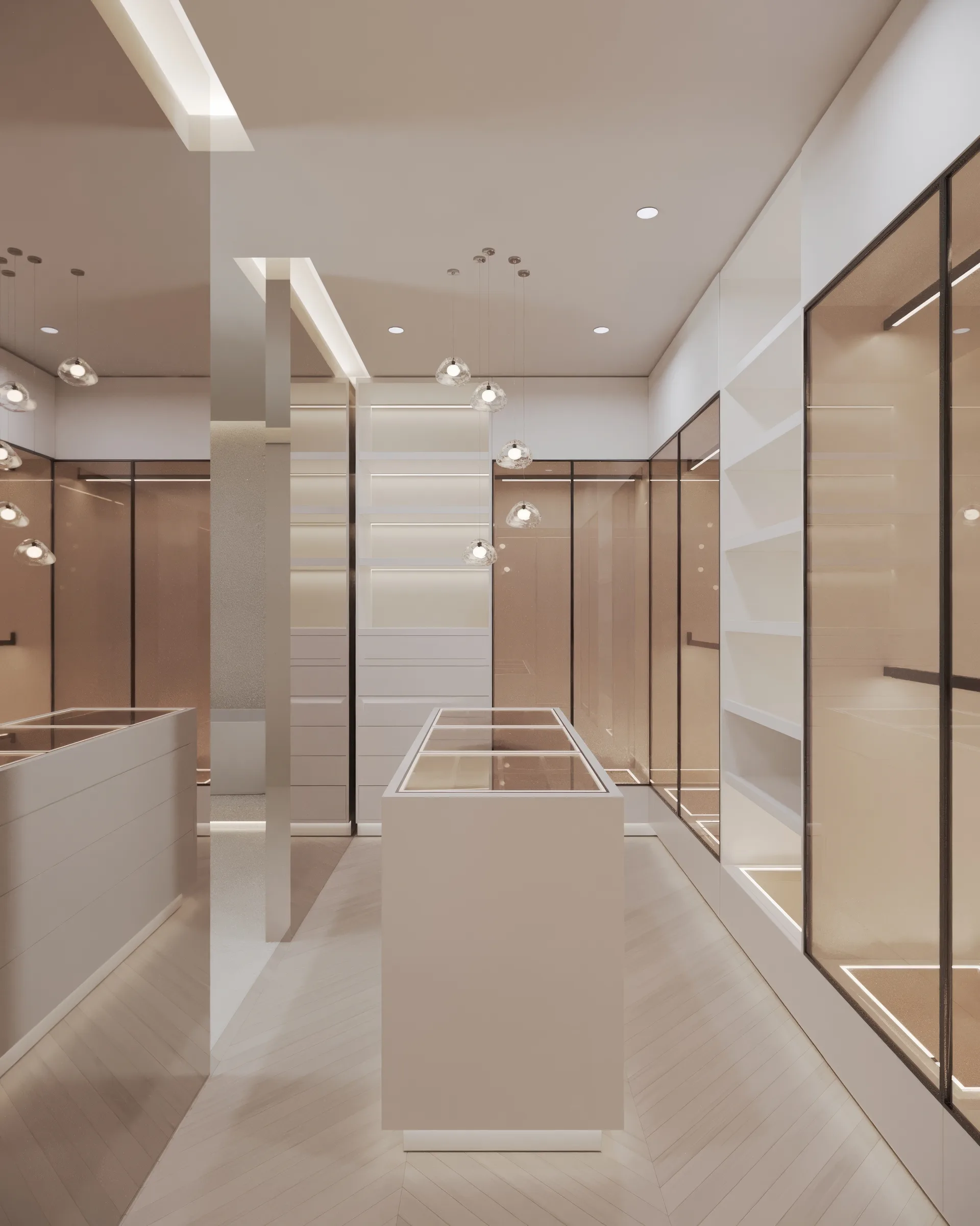 Illuminated dressing room with glass wardrobes, chevron flooring, a display island and mirrored column