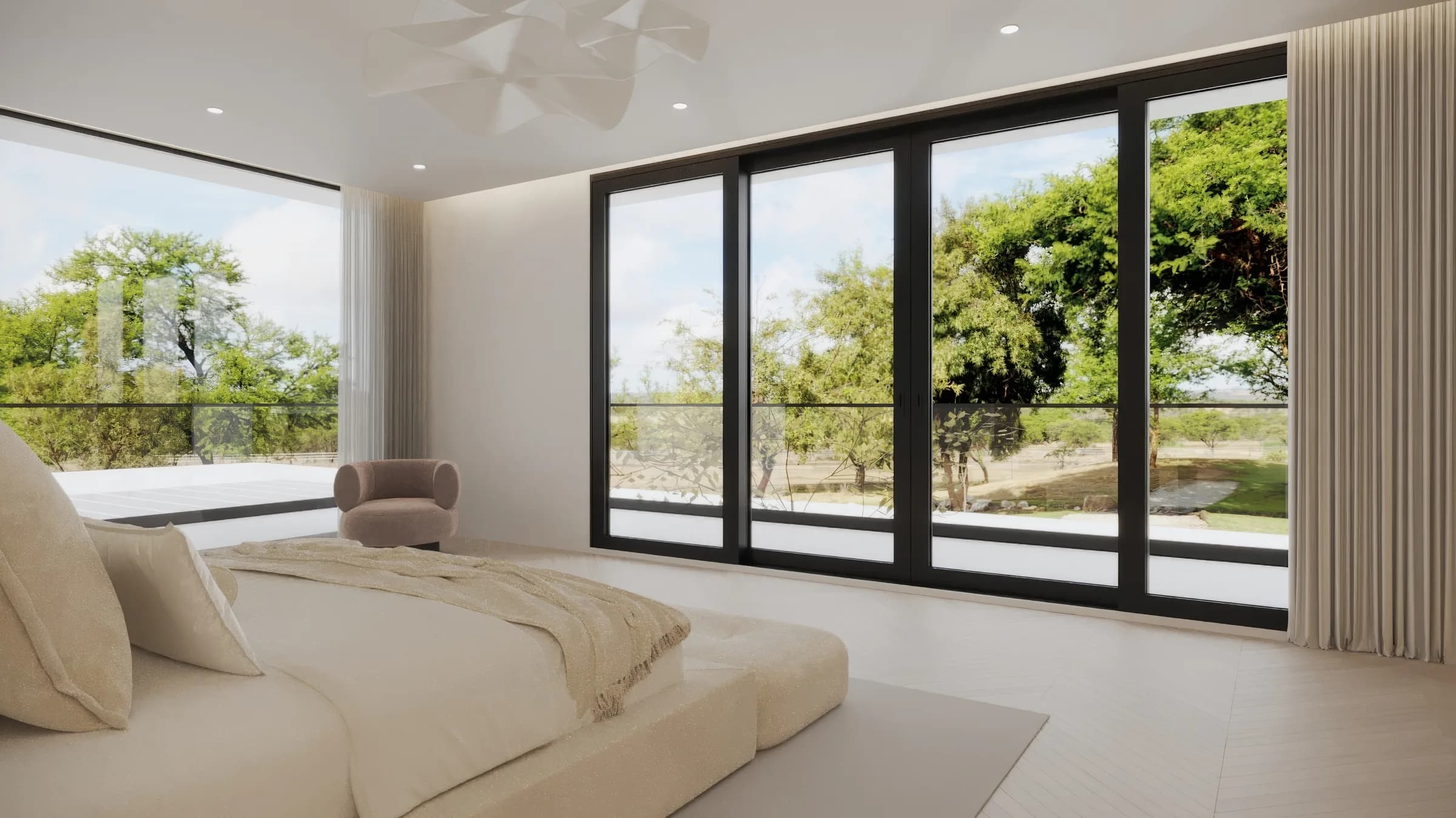 Neutral bedroom with an upholstered bed, fluted wall panels and broad black-framed glazing overlooking trees