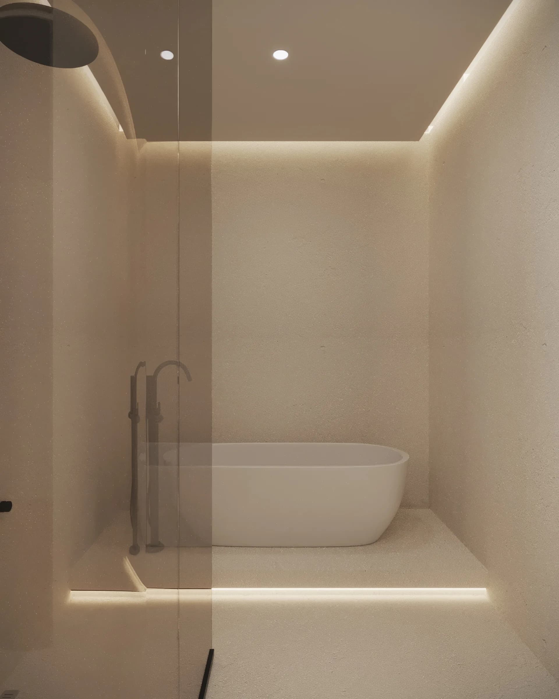 Textured stone wet room with a freestanding bath behind clear glazing, black fittings and concealed lighting