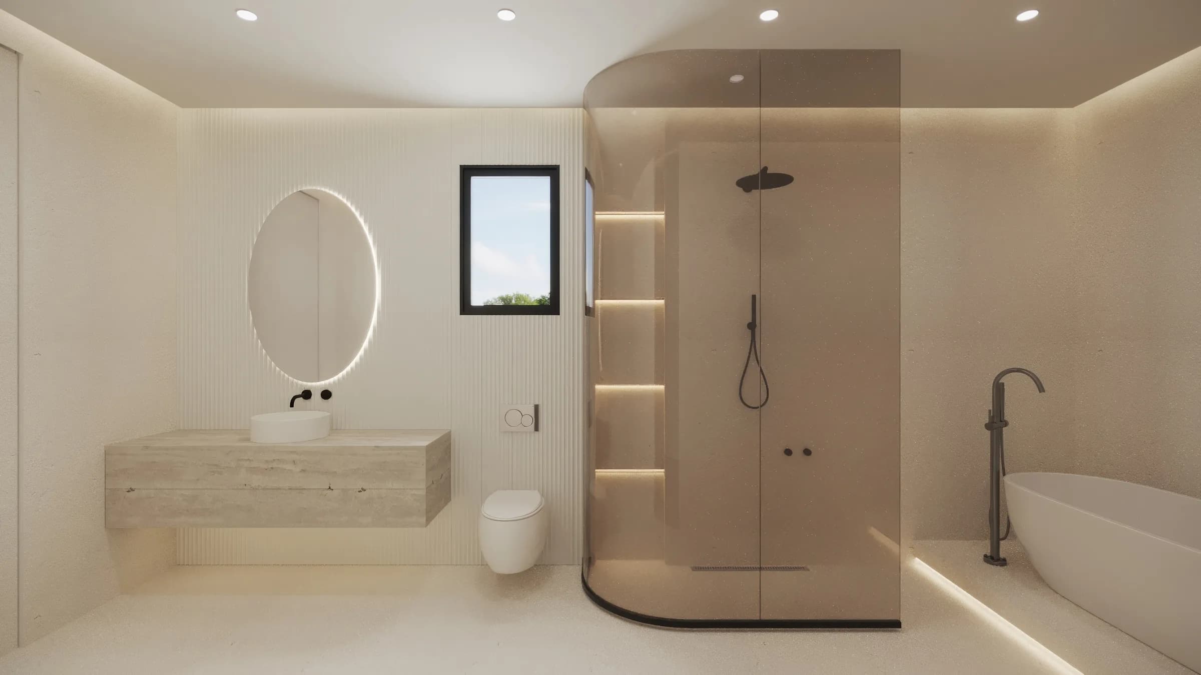 Warm stone bathroom with a floating vanity, backlit oval mirror, curved glass shower and freestanding bath