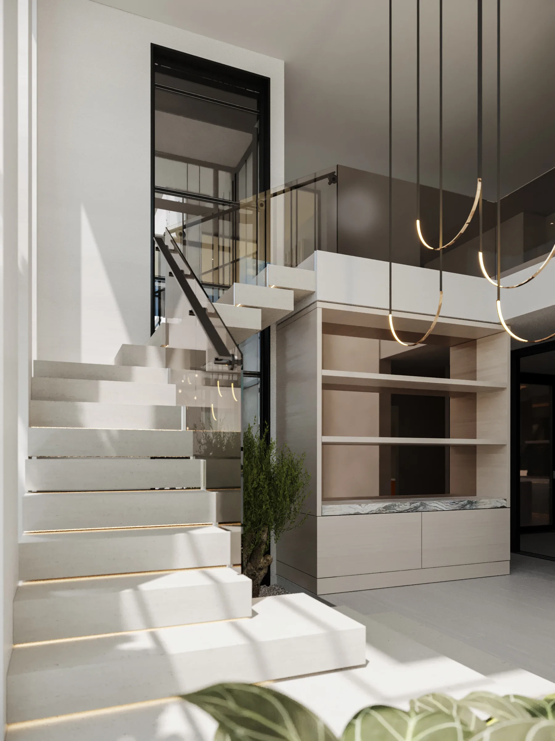 Sunlit stair hall with floating white treads, glass balustrades, pale built-in shelving and curved pendant lights