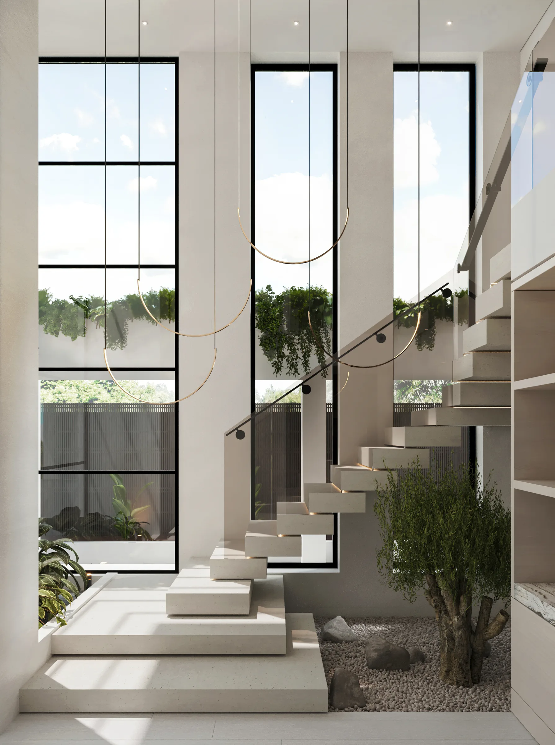 Double-height stair hall with black-framed glazing, floating white steps, an indoor tree and looping pendant lights