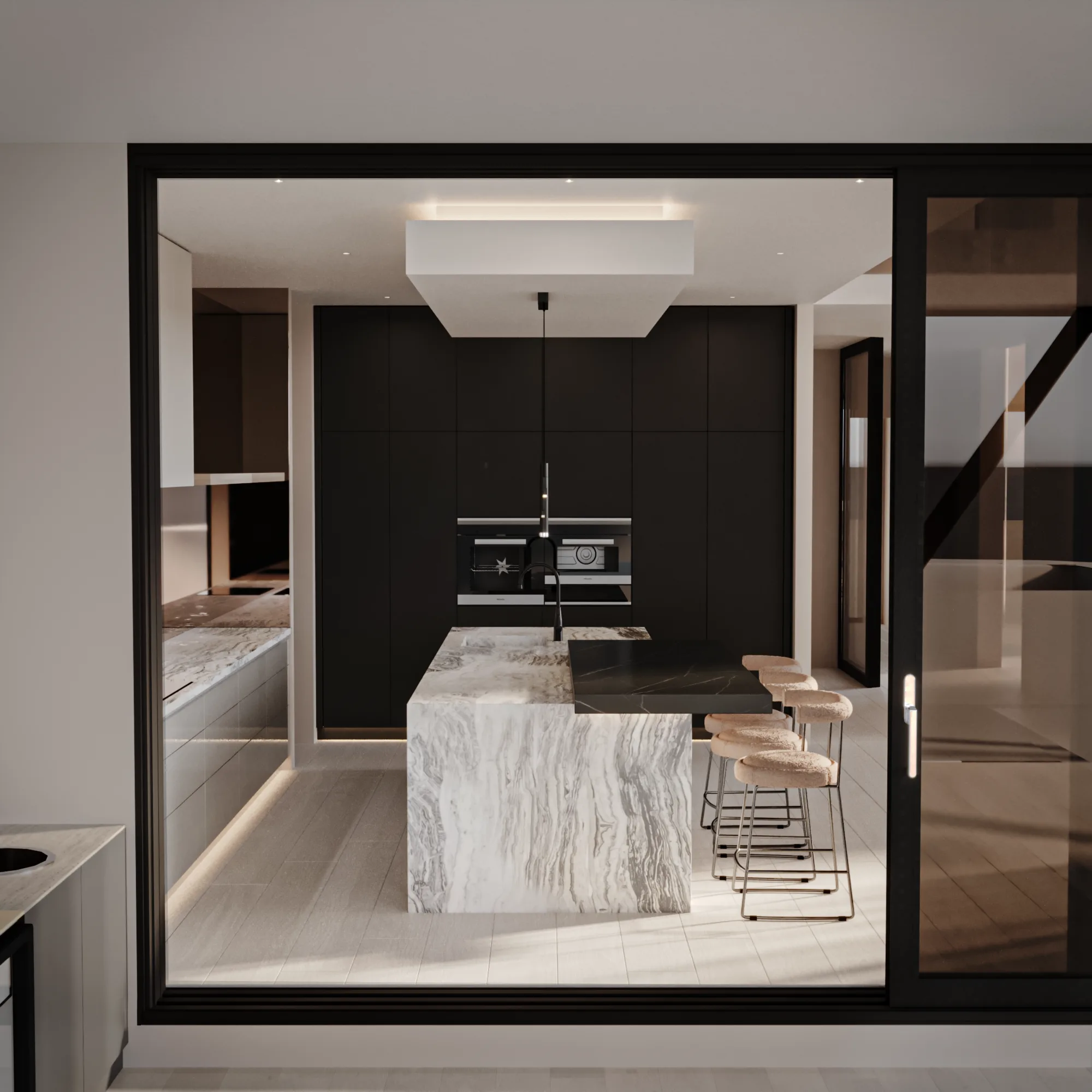 Kitchen framed by black glazing, with graphic cabinetry, a waterfall stone island and upholstered counter stools
