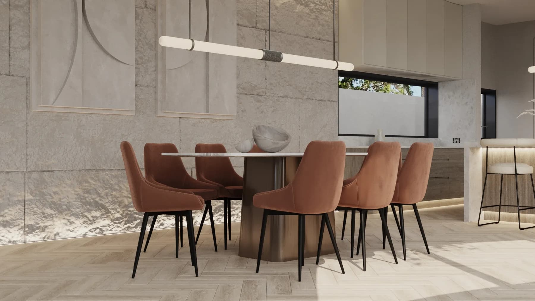 Terracotta dining chairs surround a stone table on herringbone timber flooring, beneath a sculptural linear pendant