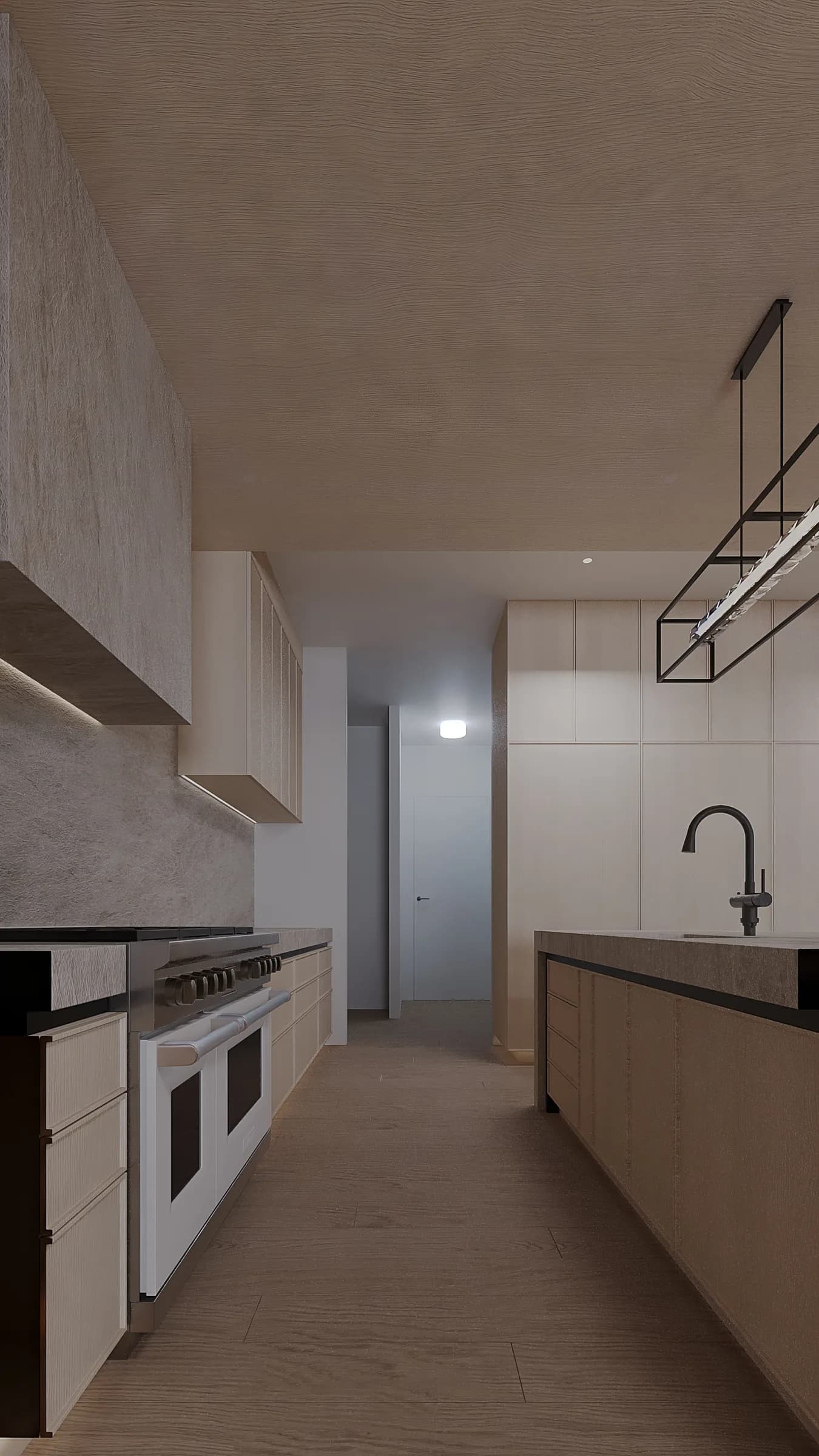 Galley kitchen with pale timber cabinetry, a textured stone island, black tapware and a linear geometric pendant