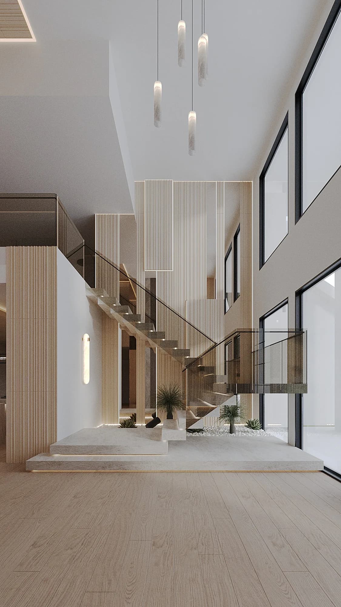 Sunlit double-height stair hall with pale timber walls, glass balustrades and black-framed full-height windows