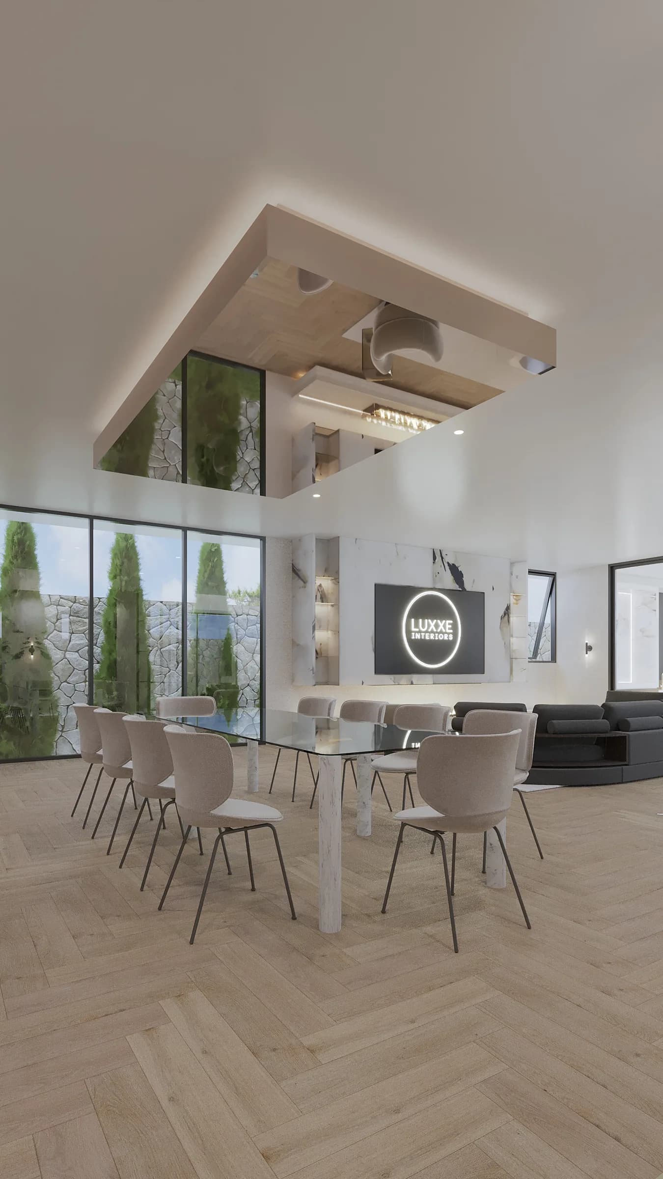 Double-height dining room with a glass table, marble legs, pale timber flooring and a mirrored ceiling void