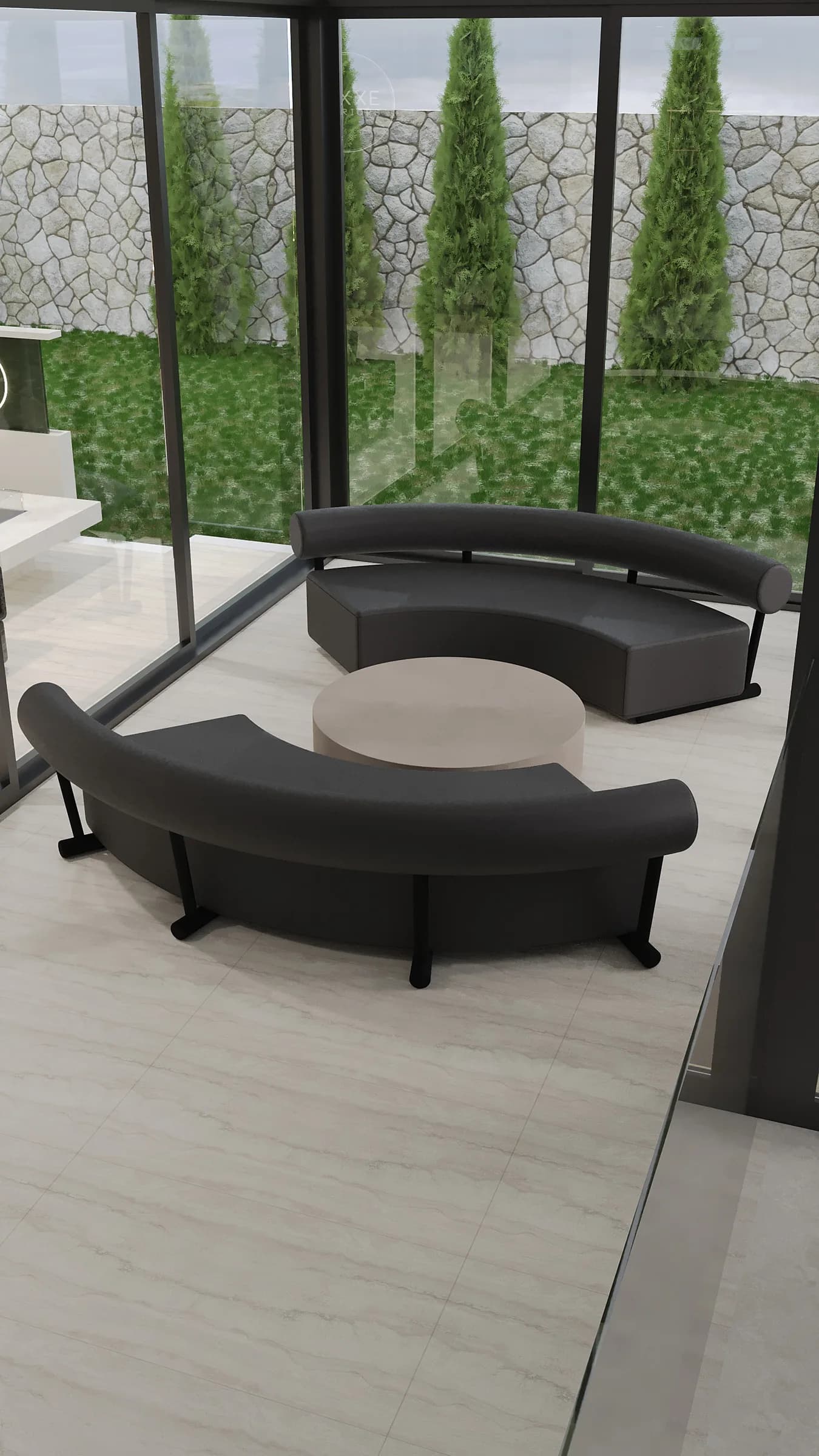Garden lounge with curved black sofas, a round stone table and floor-to-ceiling glazing framed in black