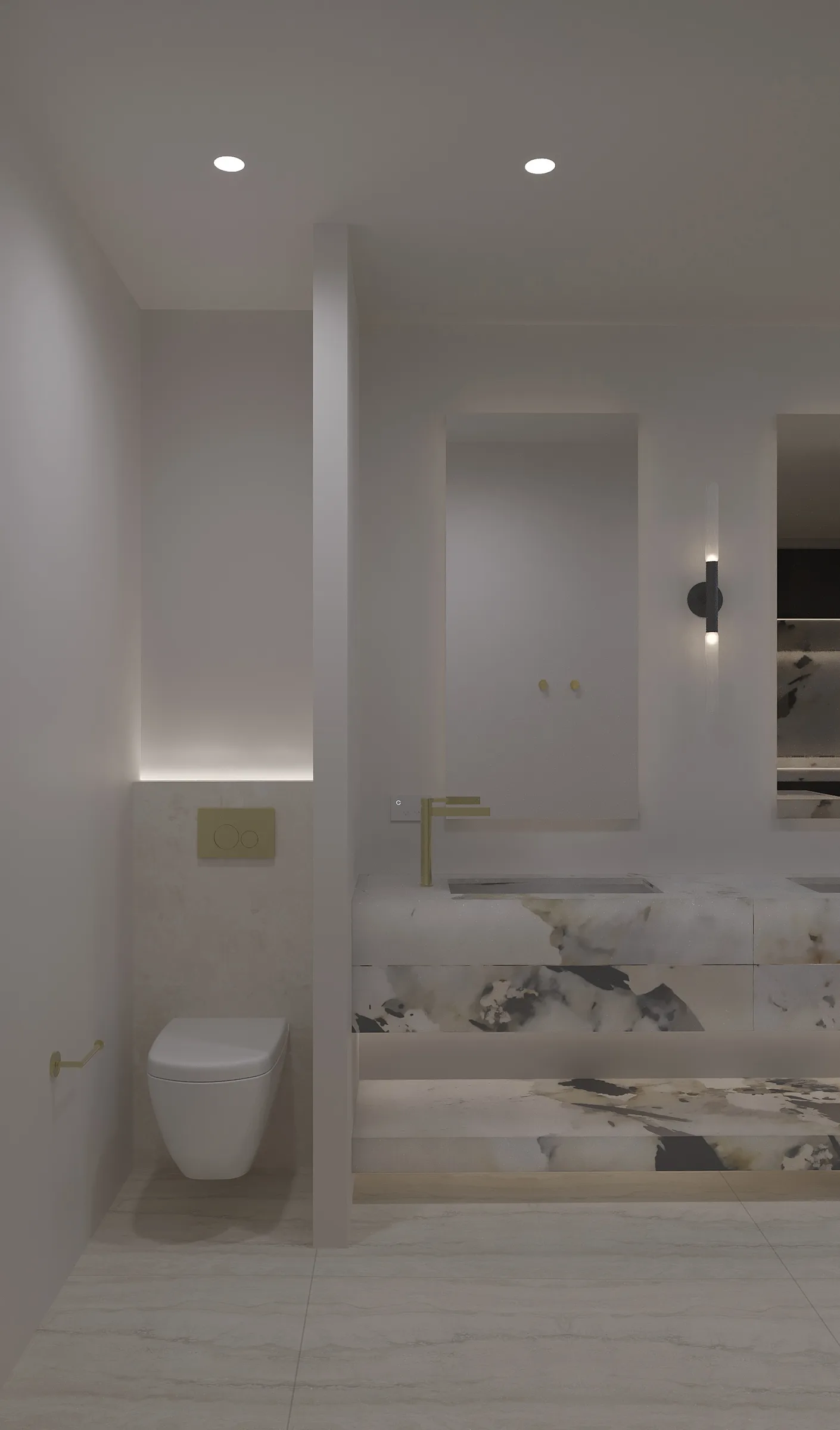 Minimal bathroom with a sculptural marble vanity, brushed brass tapware and softly backlit wall niches