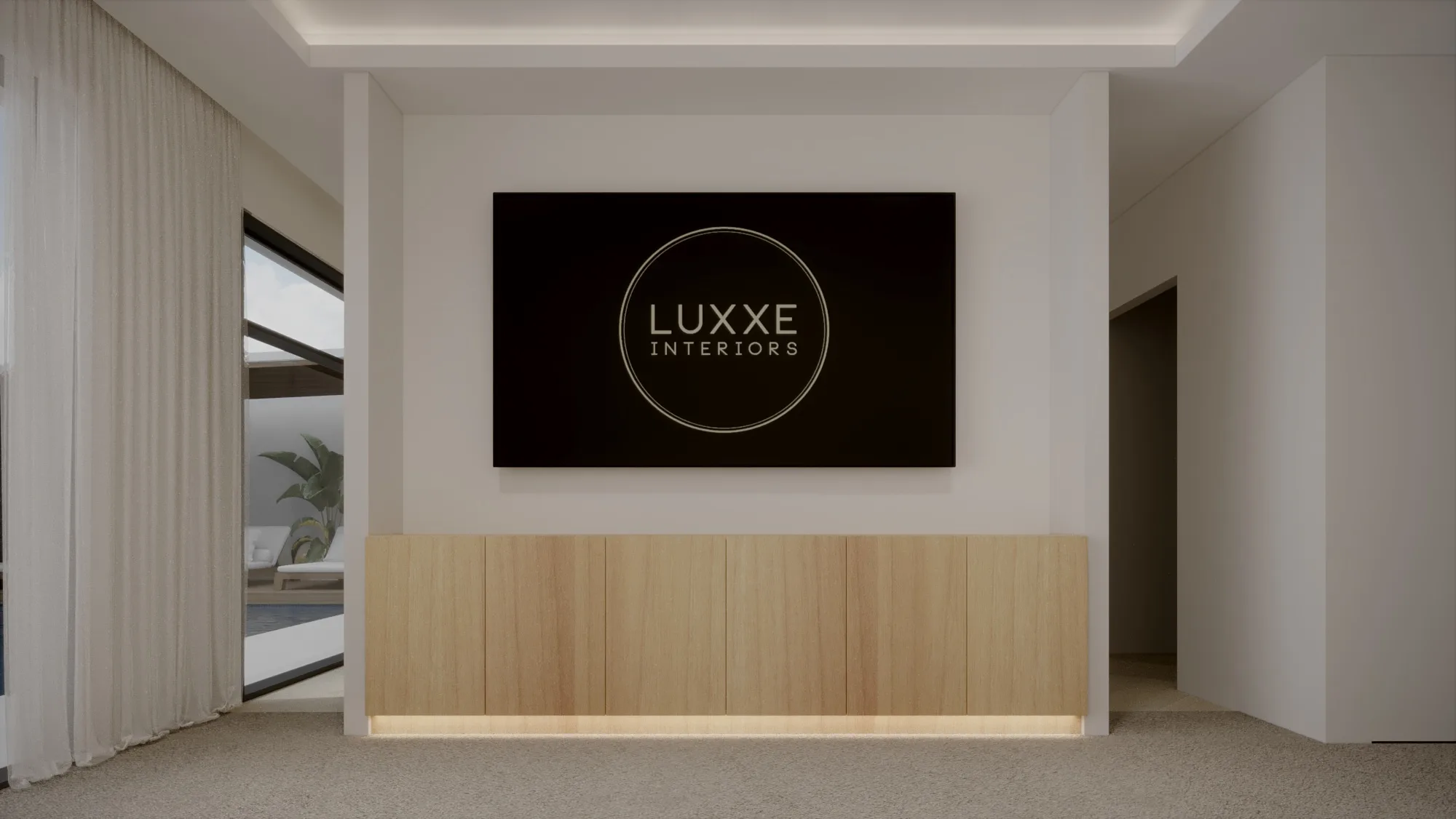 Minimal bedroom media wall with a mounted screen, pale timber cabinetry, sheer curtains and concealed base lighting