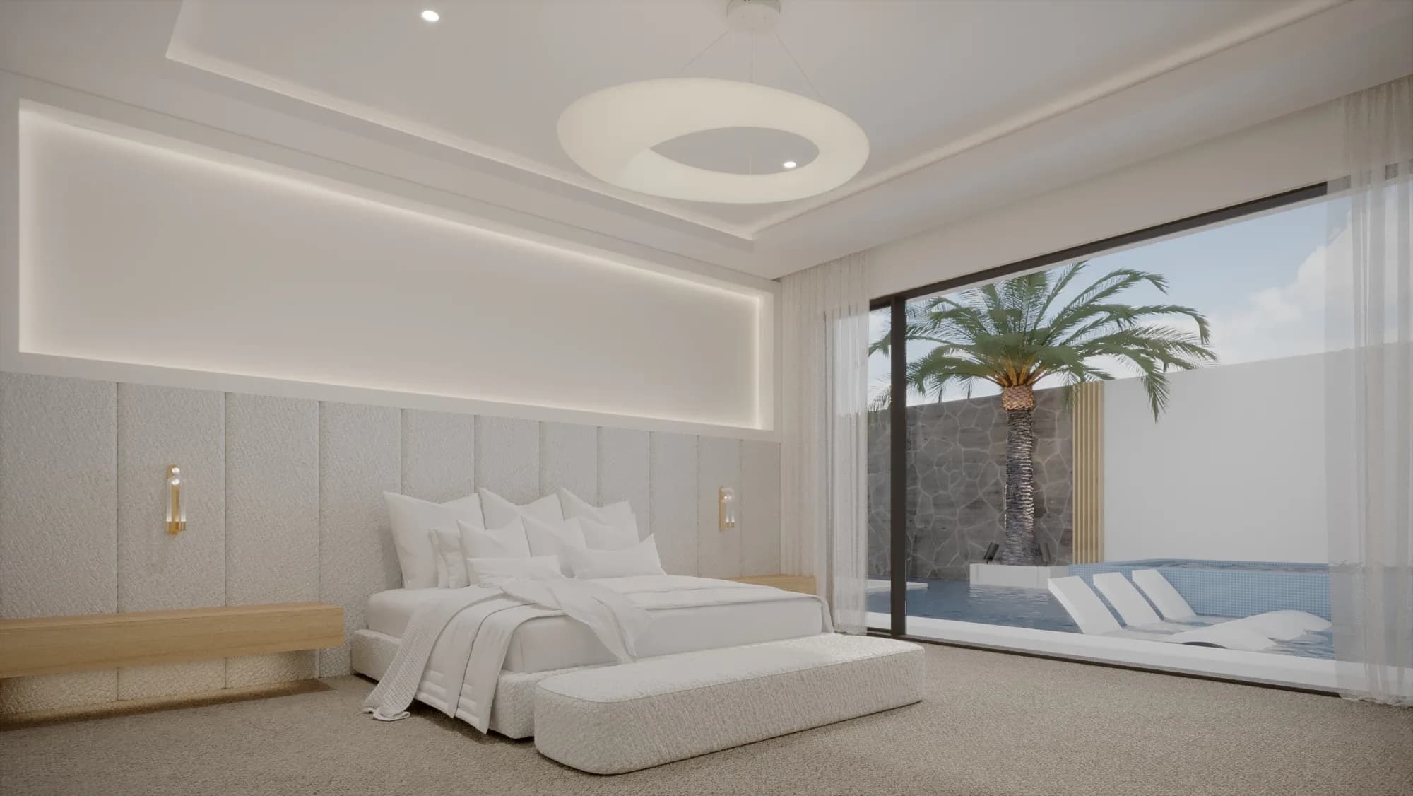 Bright white bedroom with a textured upholstered wall, circular pendant and full-height glazing to the pool